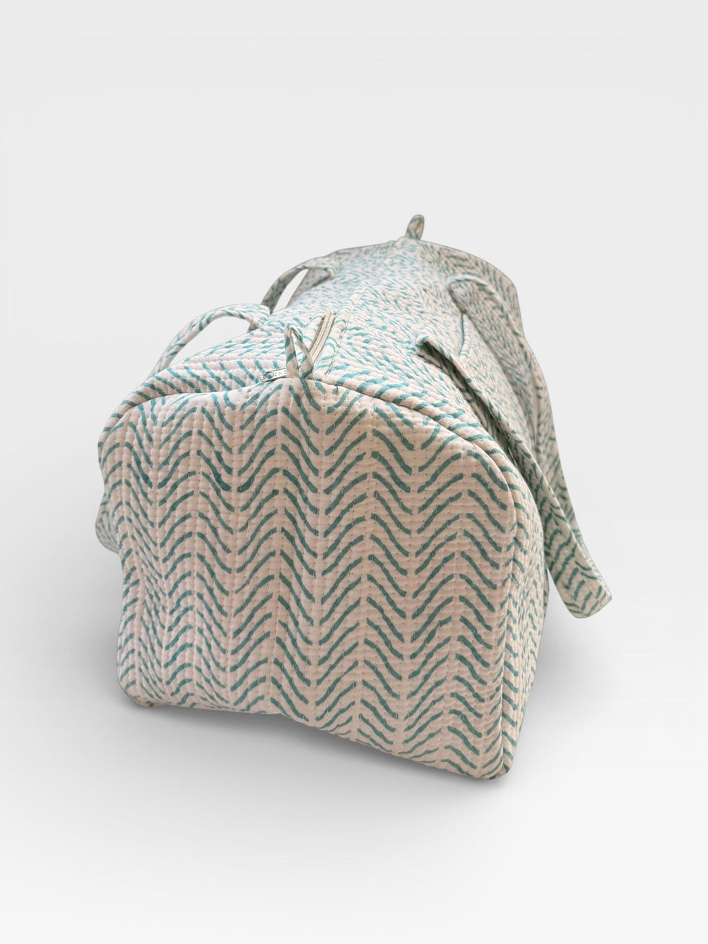 Teal Chevron Block Print Duffle Bag – Handmade Quilted Cotton Weekender Bag – Indian Travel Tote – Lightweight Gym & Overnight Bag