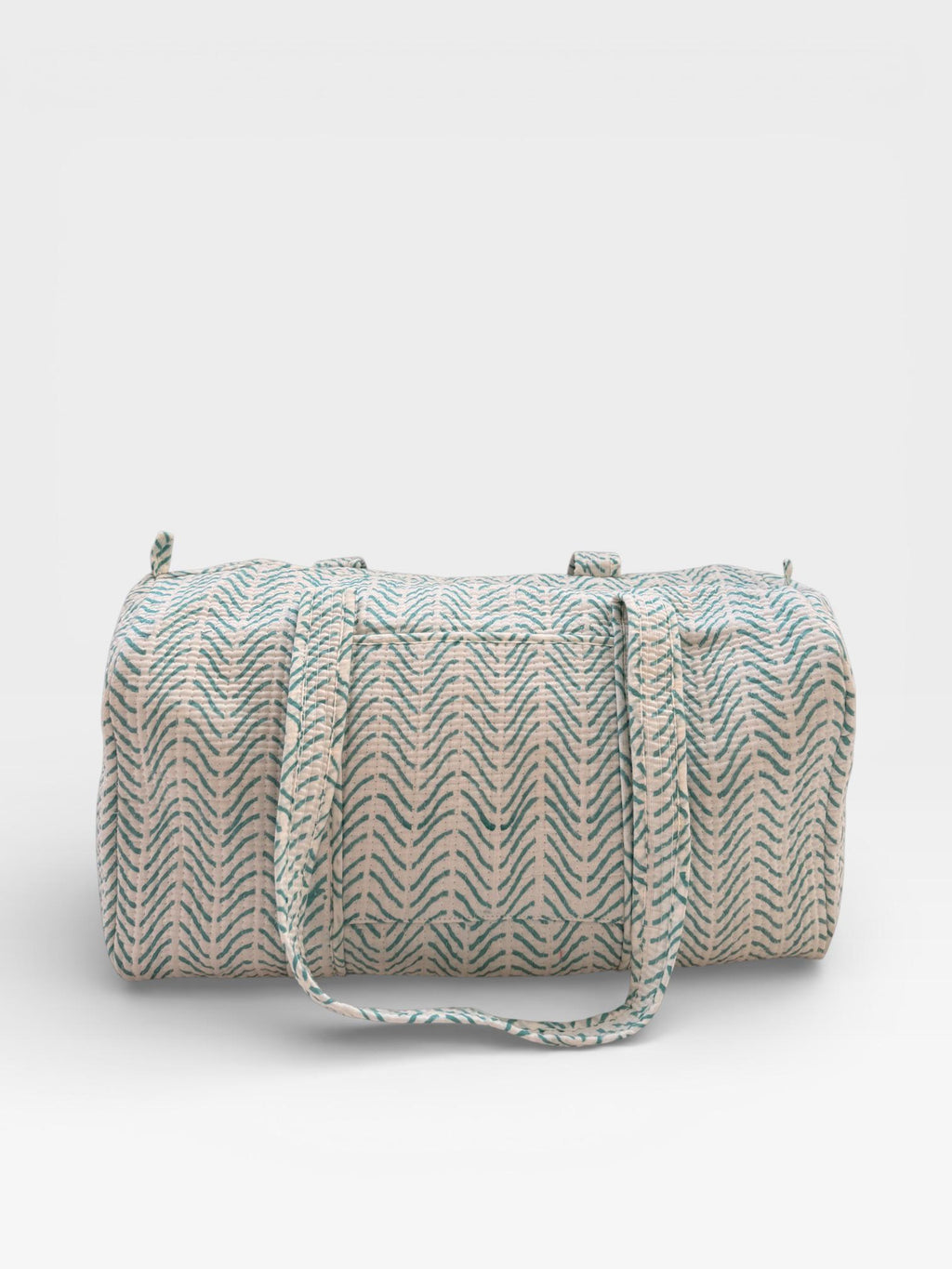 Teal Chevron Block Print Duffle Bag – Handmade Quilted Cotton Weekender Bag – Indian Travel Tote – Lightweight Gym & Overnight Bag