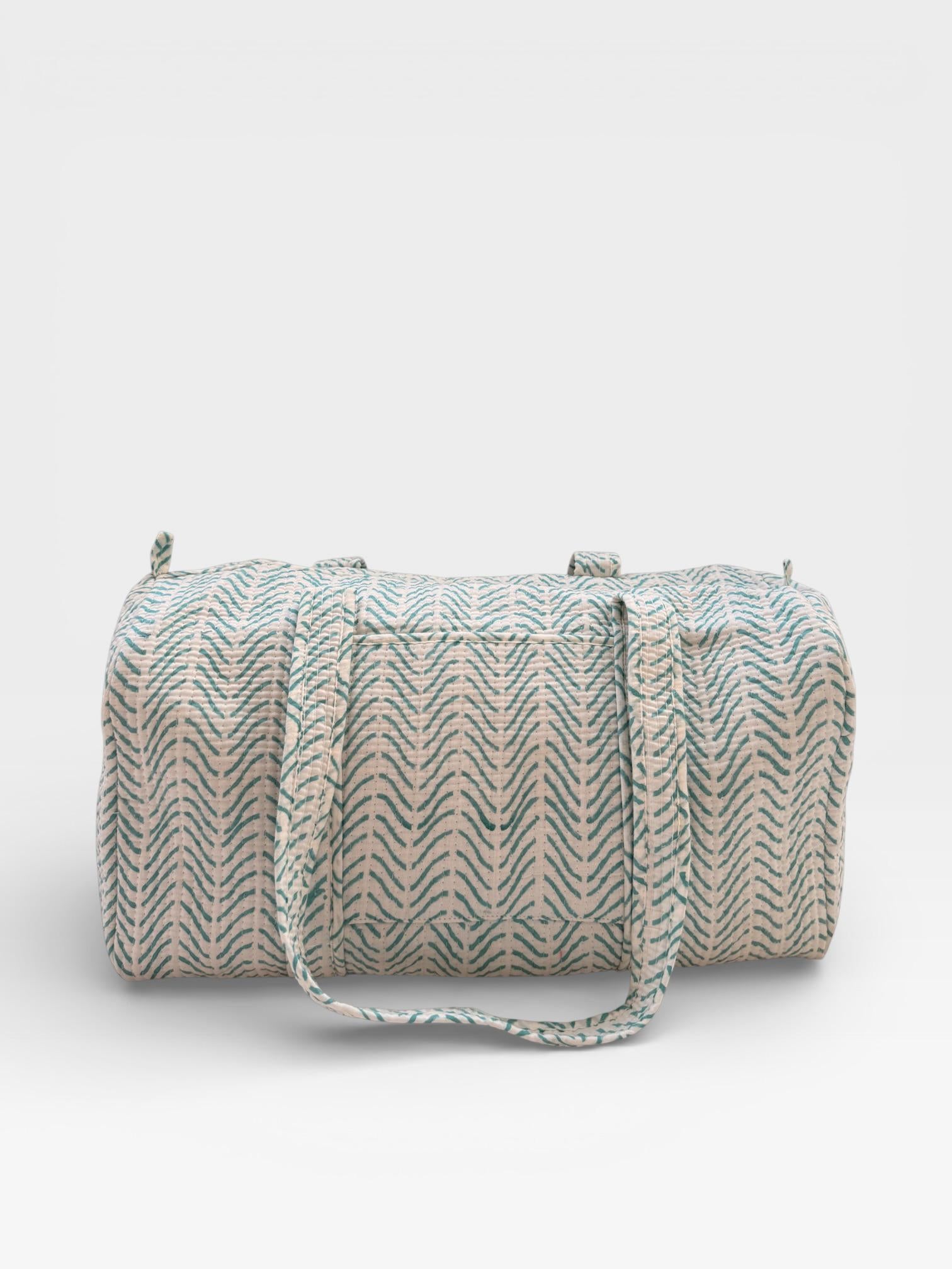 Teal Chevron Block Print Duffle Bag – Handmade Quilted Cotton Weekender Bag – Indian Travel Tote – Lightweight Gym & Overnight Bag