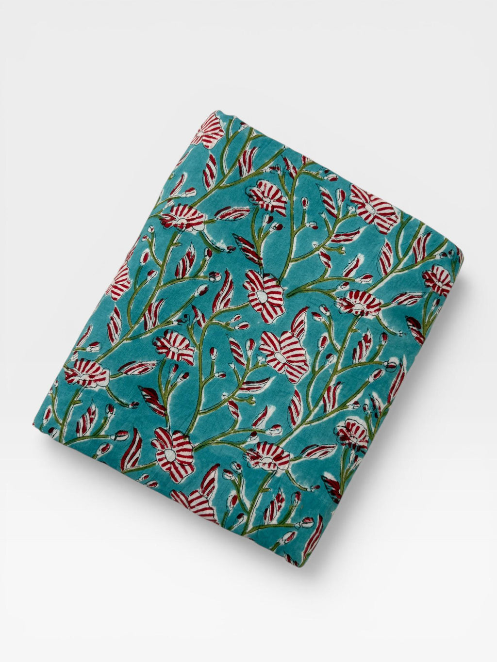 Hand Block Print Cotton Fabric, Turquoise Floral Fabric, Indian Handmade Cotton, Soft Cambric Fabric by Yard, Dressmaking & Home Decor