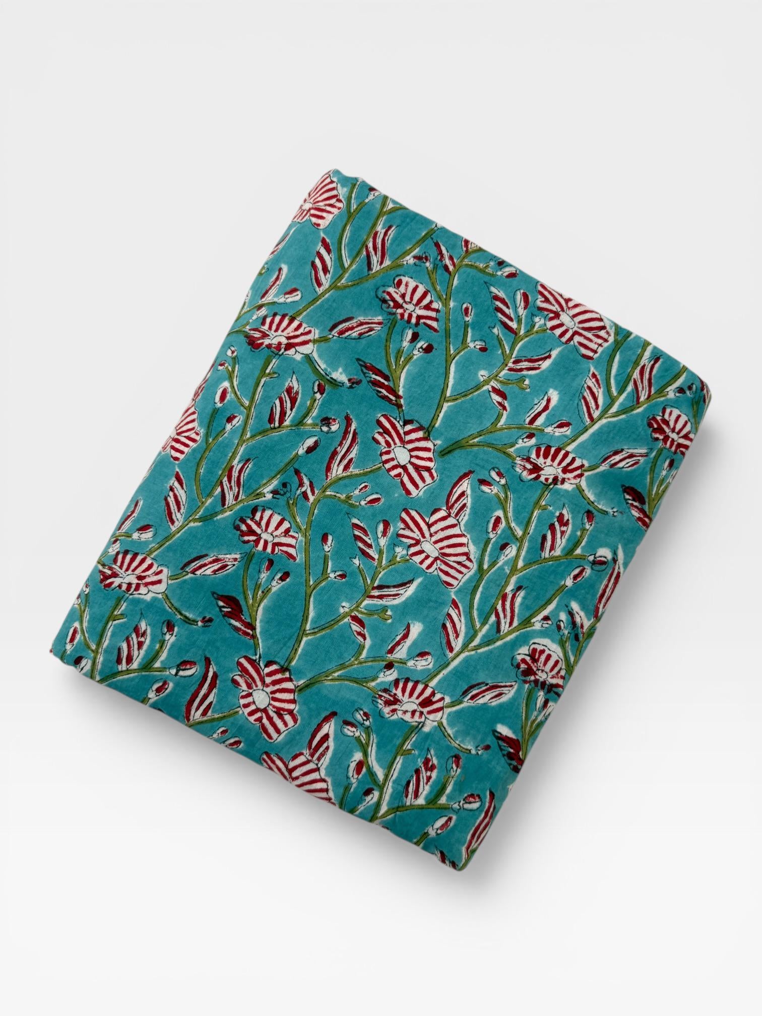 Hand Block Print Cotton Fabric, Turquoise Floral Fabric, Indian Handmade Cotton, Soft Cambric Fabric by Yard, Dressmaking & Home Decor