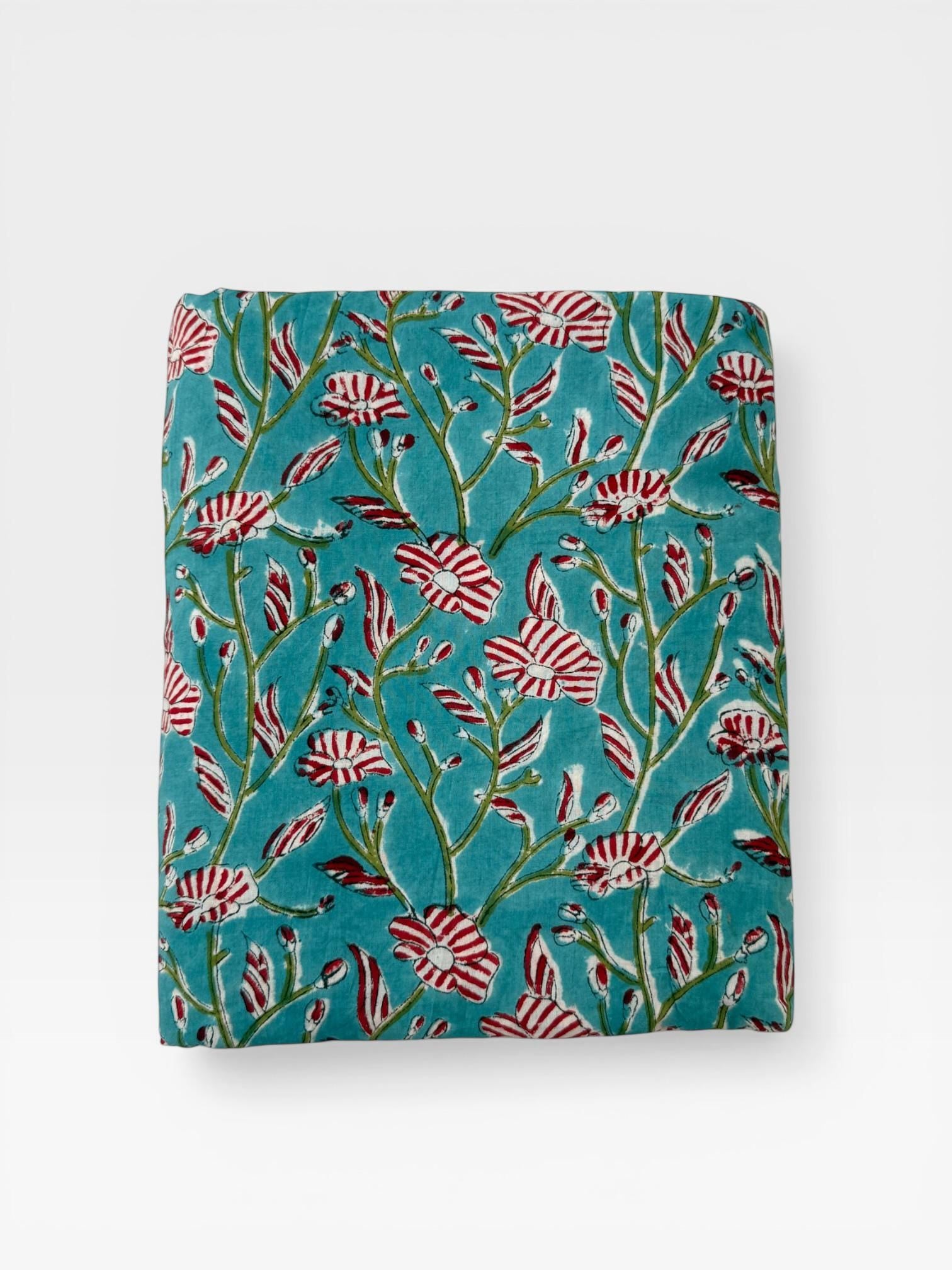 Hand Block Print Cotton Fabric, Turquoise Floral Fabric, Indian Handmade Cotton, Soft Cambric Fabric by Yard, Dressmaking & Home Decor