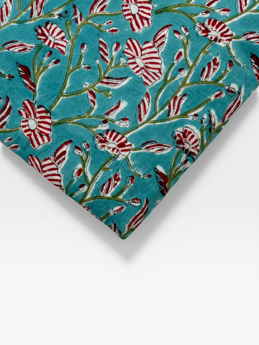 Hand Block Print Cotton Fabric, Turquoise Floral Fabric, Indian Handmade Cotton, Soft Cambric Fabric by Yard, Dressmaking & Home Decor