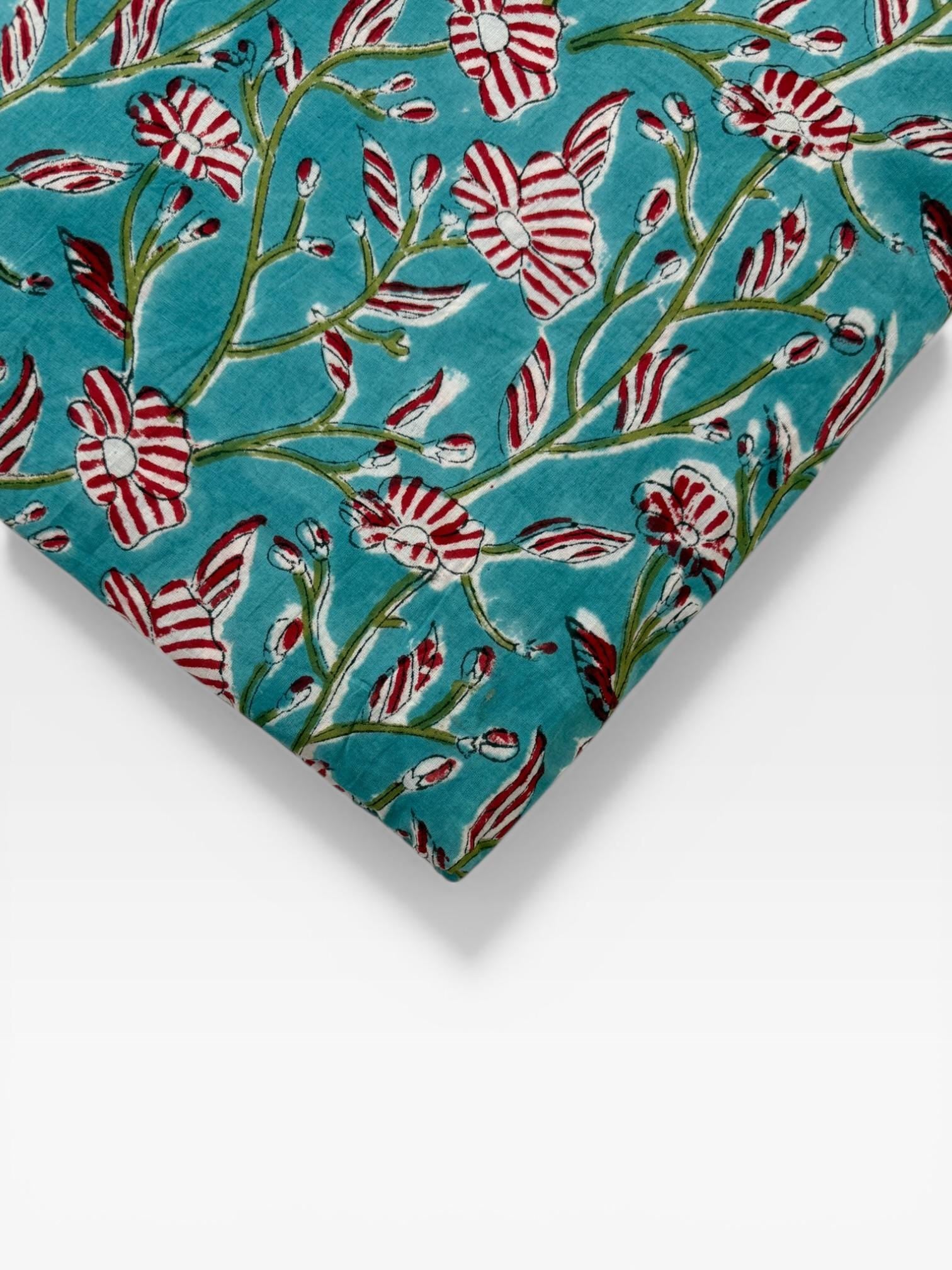 Hand Block Print Cotton Fabric, Turquoise Floral Fabric, Indian Handmade Cotton, Soft Cambric Fabric by Yard, Dressmaking & Home Decor