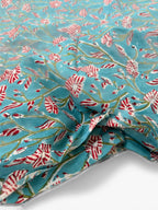 Hand Block Print Cotton Fabric, Turquoise Floral Fabric, Indian Handmade Cotton, Soft Cambric Fabric by Yard, Dressmaking & Home Decor