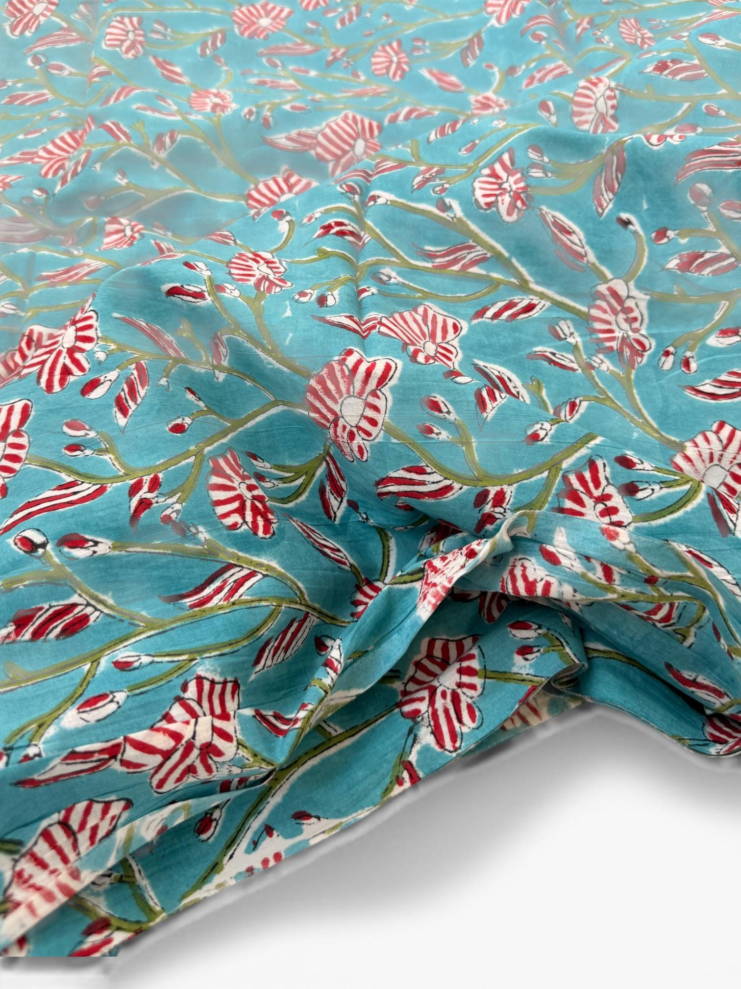 Hand Block Print Cotton Fabric, Turquoise Floral Fabric, Indian Handmade Cotton, Soft Cambric Fabric by Yard, Dressmaking & Home Decor