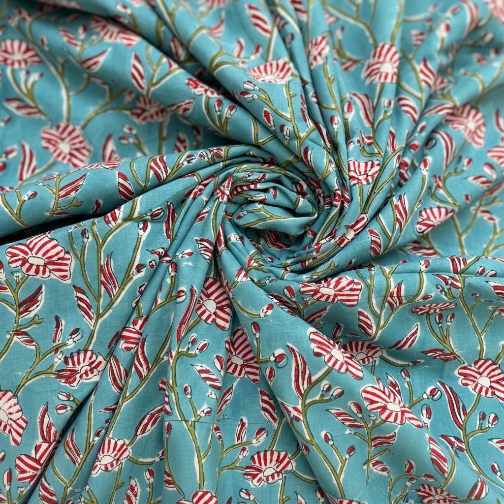 Hand Block Print Cotton Fabric, Turquoise Floral Fabric, Indian Handmade Cotton, Soft Cambric Fabric by Yard, Dressmaking & Home Decor