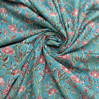 Hand Block Print Cotton Fabric, Turquoise Floral Fabric, Indian Handmade Cotton, Soft Cambric Fabric by Yard, Dressmaking & Home Decor