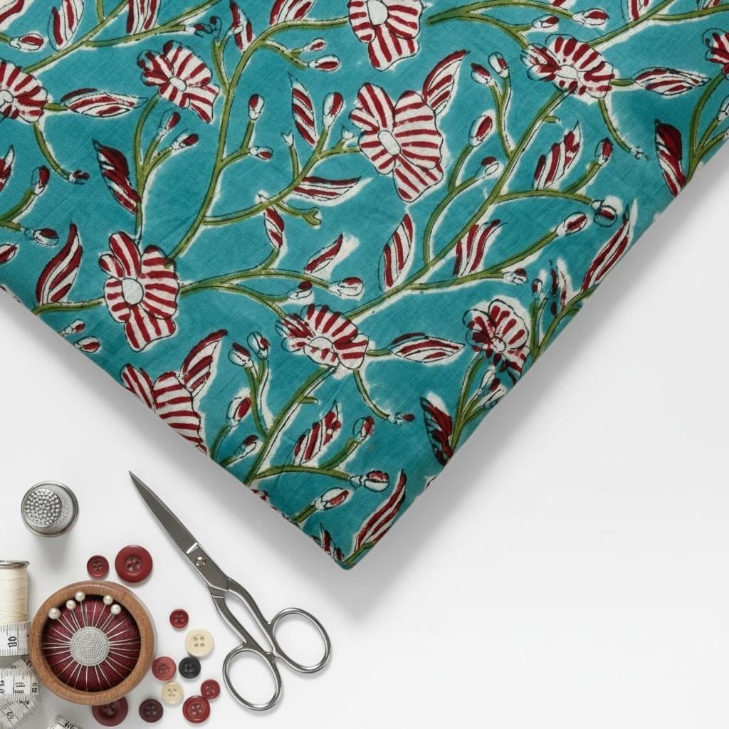 Hand Block Print Cotton Fabric, Turquoise Floral Fabric, Indian Handmade Cotton, Soft Cambric Fabric by Yard, Dressmaking & Home Decor