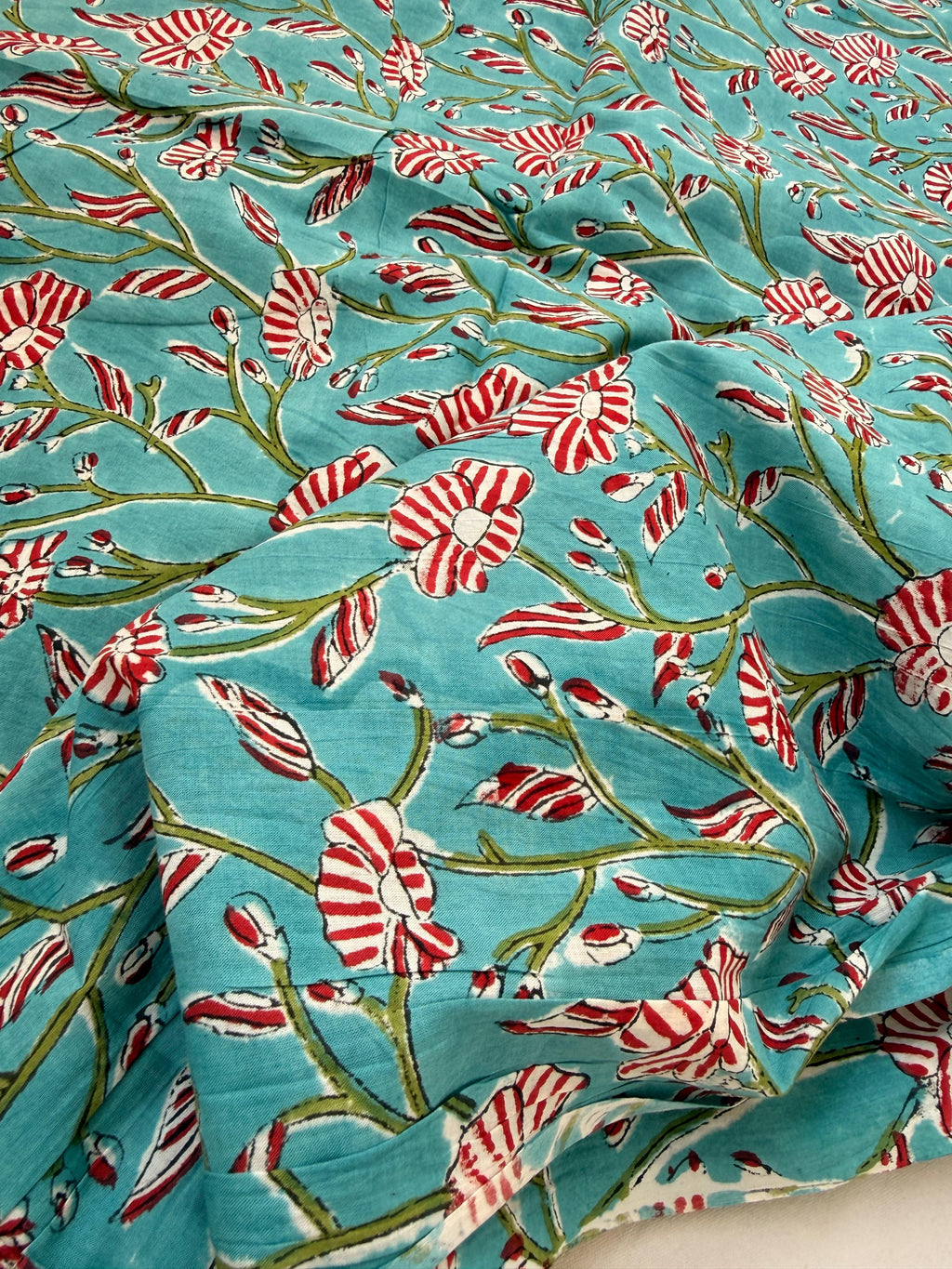 Hand Block Print Cotton Fabric, Turquoise Floral Fabric, Indian Handmade Cotton, Soft Cambric Fabric by Yard, Dressmaking & Home Decor