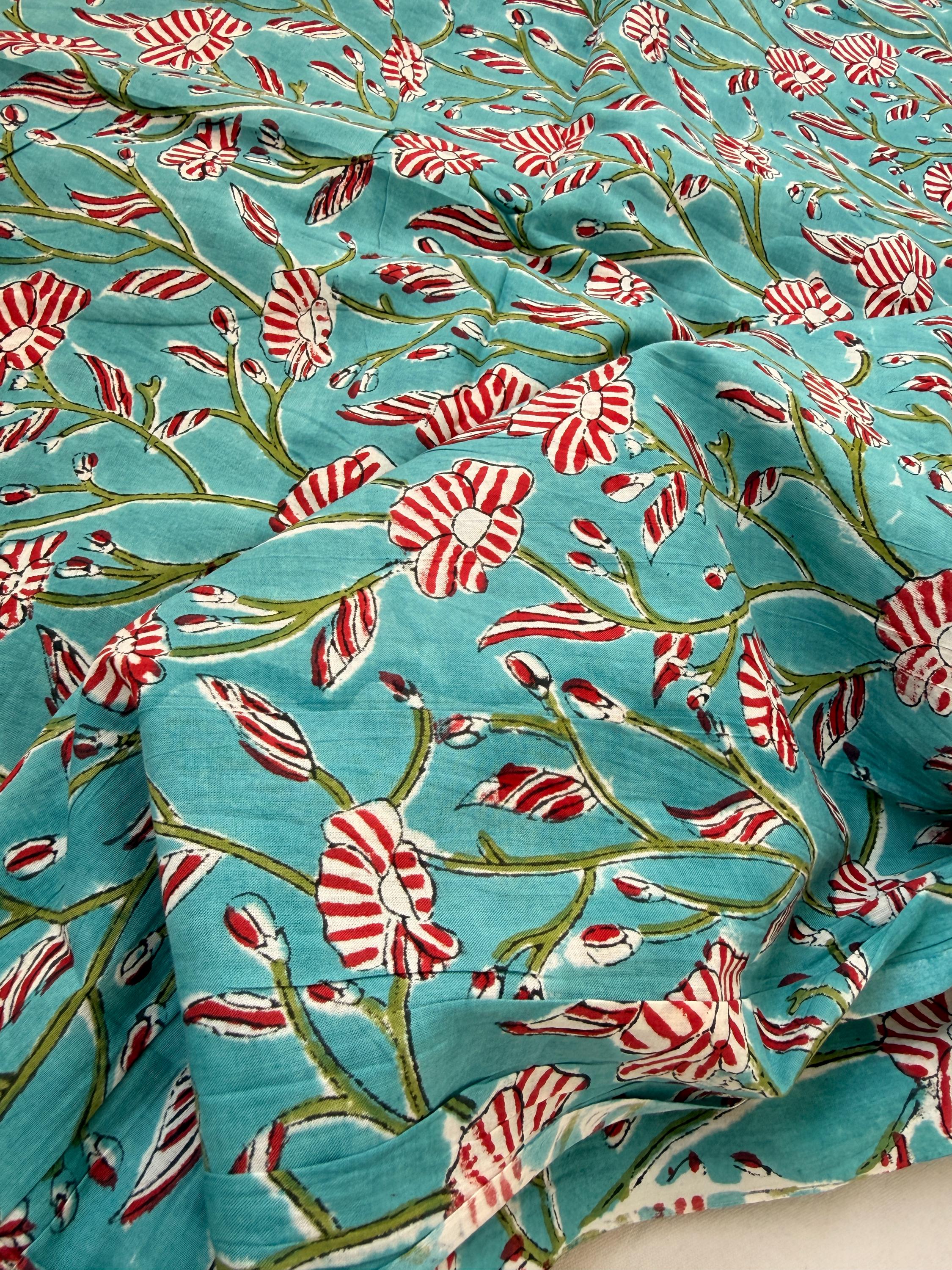 Hand Block Print Cotton Fabric, Turquoise Floral Fabric, Indian Handmade Cotton, Soft Cambric Fabric by Yard, Dressmaking & Home Decor