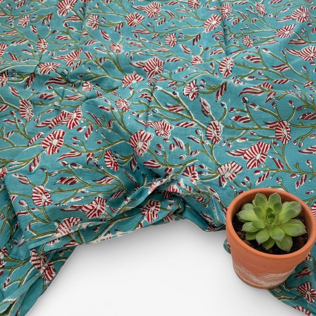 Hand Block Print Cotton Fabric, Turquoise Floral Fabric, Indian Handmade Cotton, Soft Cambric Fabric by Yard, Dressmaking & Home Decor