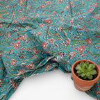 Hand Block Print Cotton Fabric, Turquoise Floral Fabric, Indian Handmade Cotton, Soft Cambric Fabric by Yard, Dressmaking & Home Decor