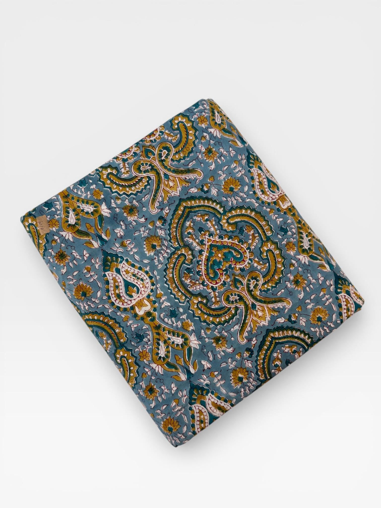 Blue Paisley Hand Block Print Cotton Fabric, Indian Floral Cambric Fabric by Yard, Boho Paisley Textile, Soft Lightweight Dressmaking Fabric