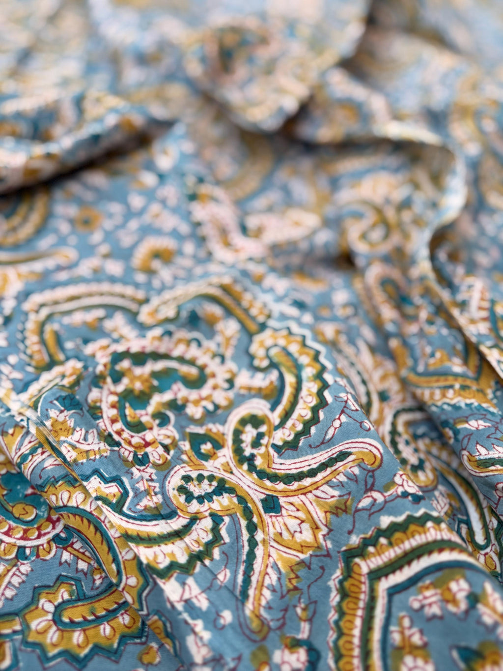 Blue Paisley Hand Block Print Cotton Fabric, Indian Floral Cambric Fabric by Yard, Boho Paisley Textile, Soft Lightweight Dressmaking Fabric