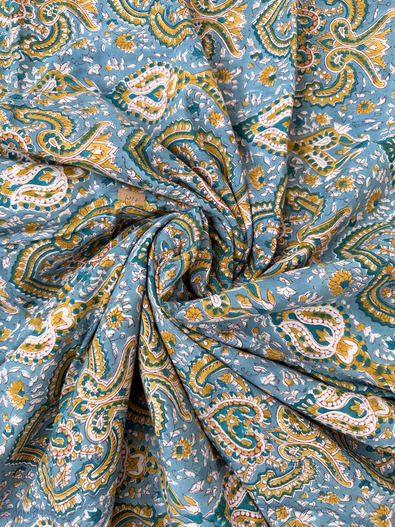 Blue Paisley Hand Block Print Cotton Fabric, Indian Floral Cambric Fabric by Yard, Boho Paisley Textile, Soft Lightweight Dressmaking Fabric