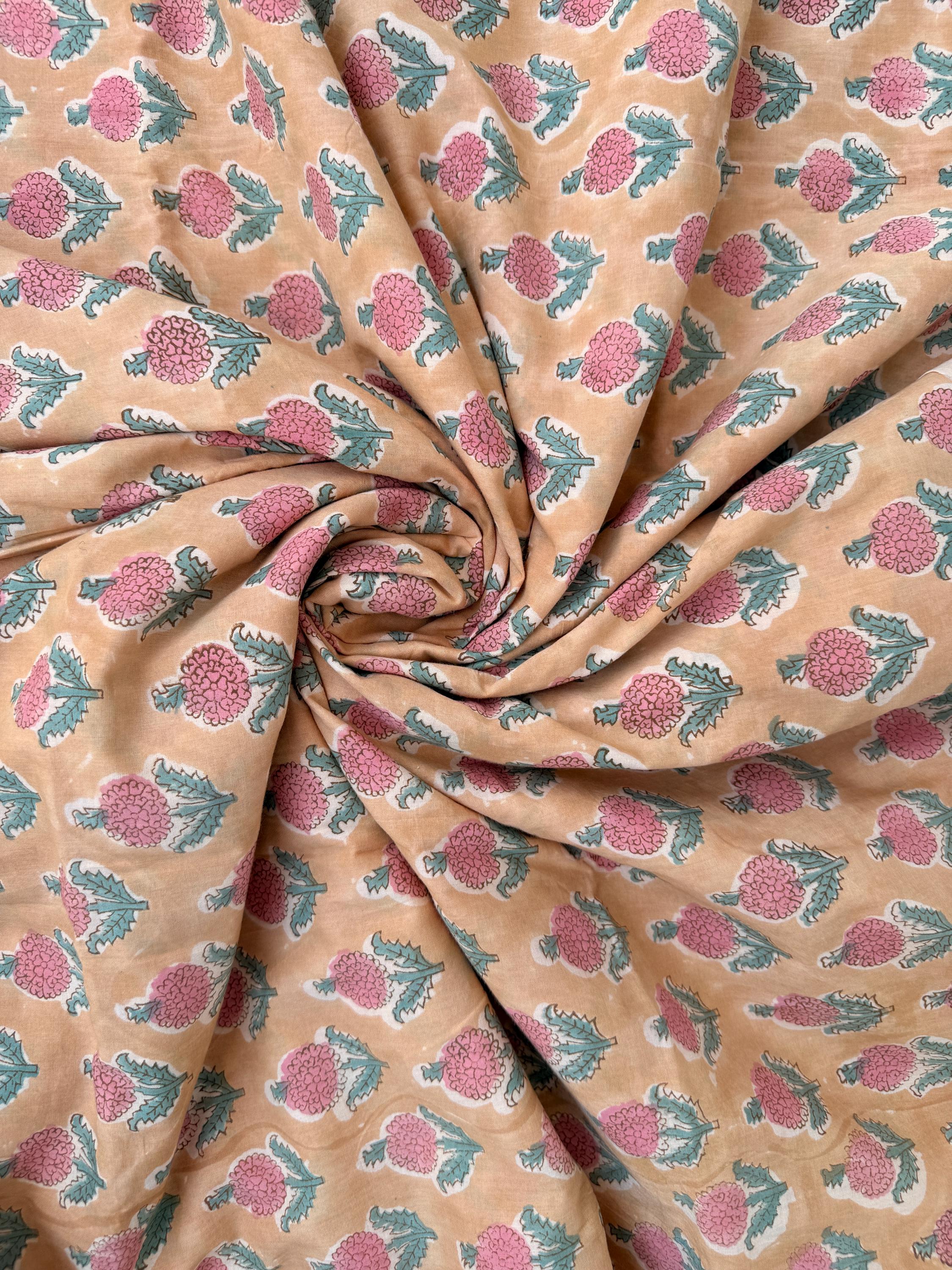 Mustard Floral Hand Block Print Cotton Fabric Indian Buti Print Cambric Fabric by Yard, Small Motif Boho Fabric, Soft Dressmaking & Quilting