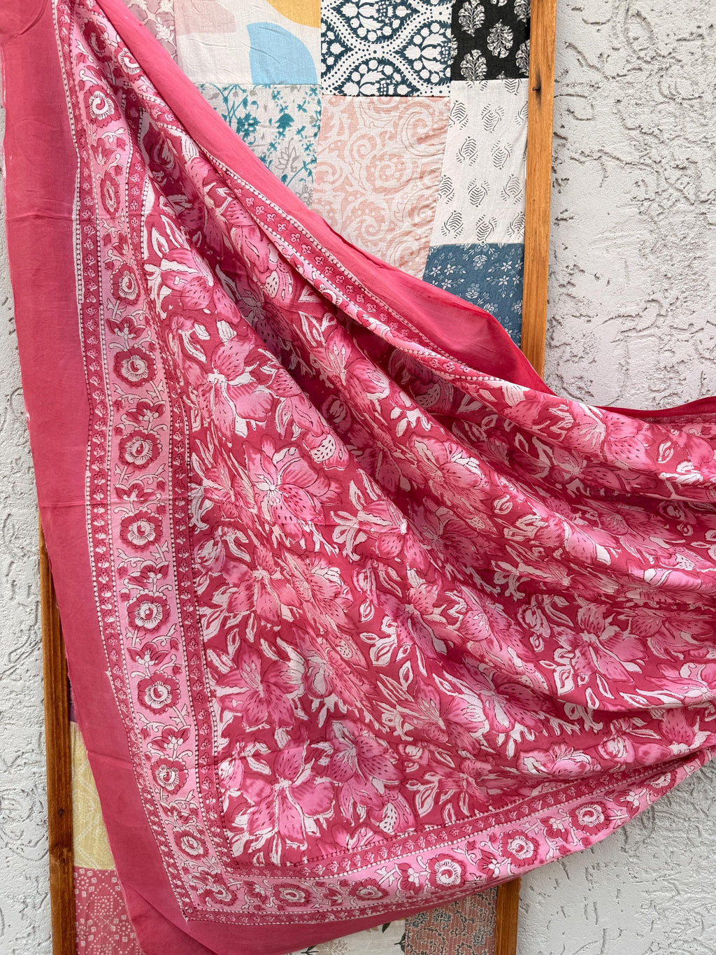 Pink Floral Block Print Sarong – Handmade Cotton Beach Wrap, Boho Pareo, Summer Swim Cover Up, Resort Wear Sarong, Beach Dress Wrap