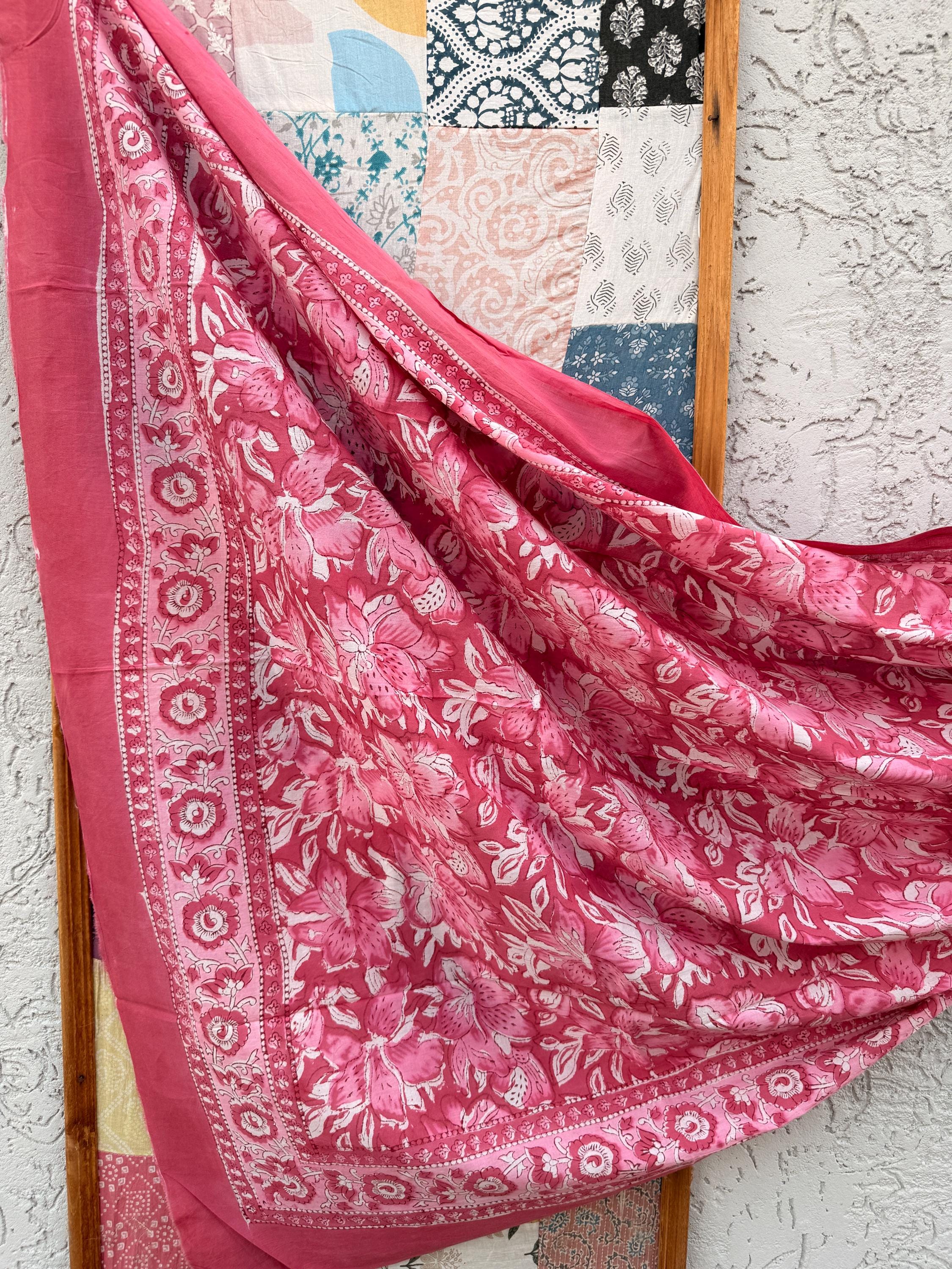 Pink Floral Block Print Sarong – Handmade Cotton Beach Wrap, Boho Pareo, Summer Swim Cover Up, Resort Wear Sarong, Beach Dress Wrap