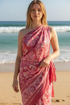 Pink Floral Block Print Sarong – Handmade Cotton Beach Wrap, Boho Pareo, Summer Swim Cover Up, Resort Wear Sarong, Beach Dress Wrap