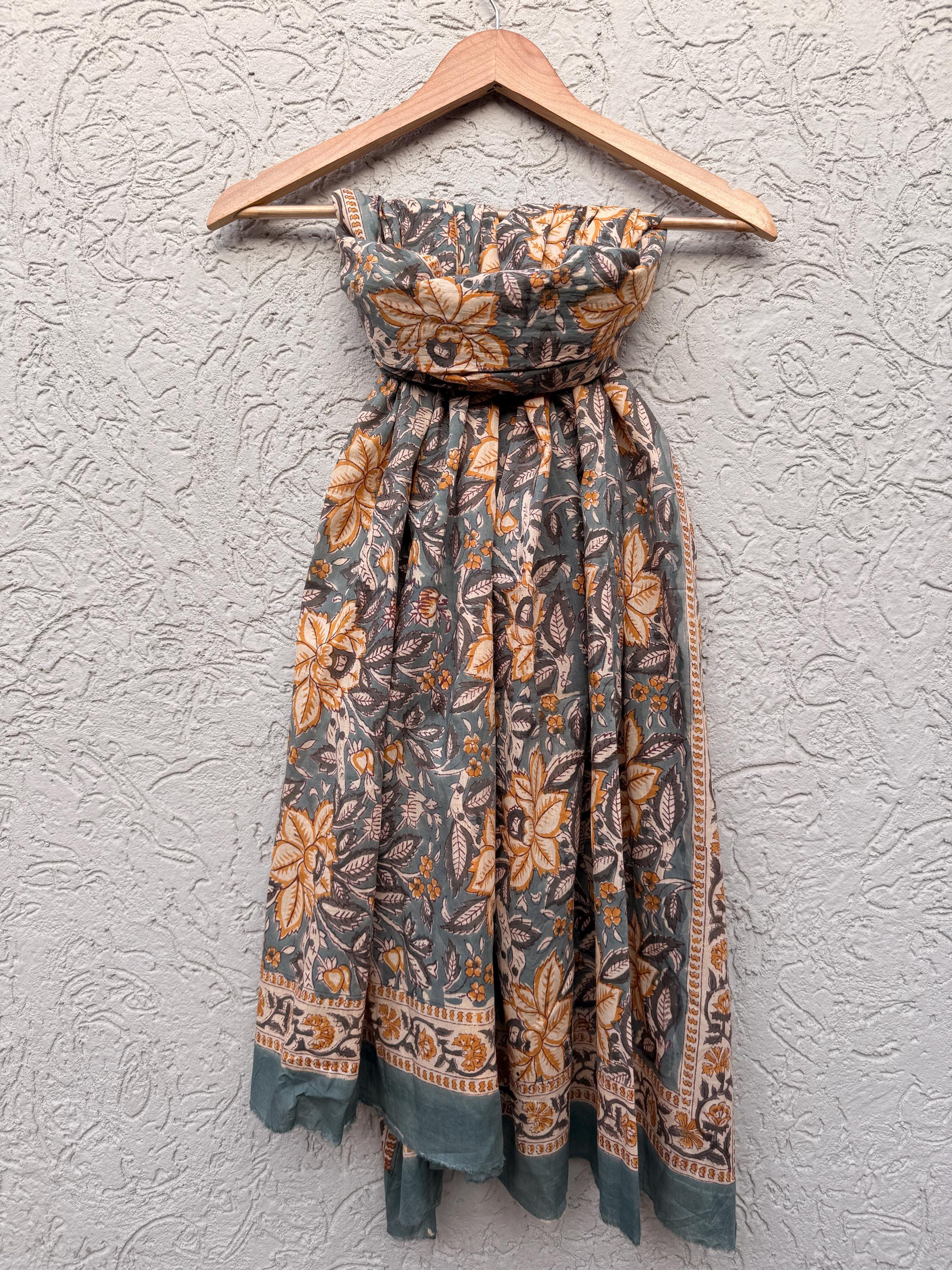 Grey Floral Block Print Sarong – Handmade Cotton Beach Wrap Boho Pareo, Lightweight Beach Cover Up, Resort Wear Sarong, Summer Vacation Wrap
