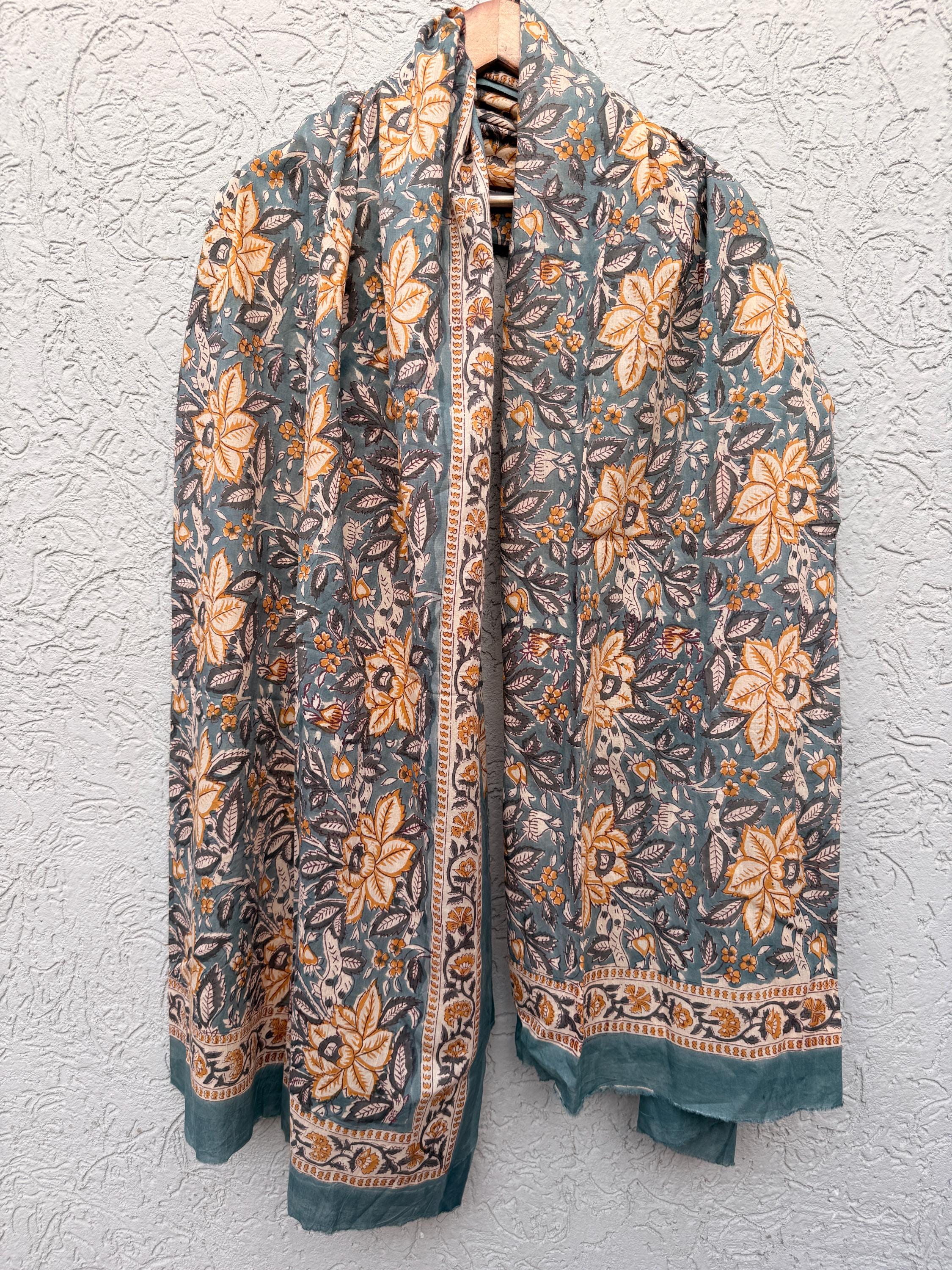 Grey Floral Block Print Sarong – Handmade Cotton Beach Wrap Boho Pareo, Lightweight Beach Cover Up, Resort Wear Sarong, Summer Vacation Wrap
