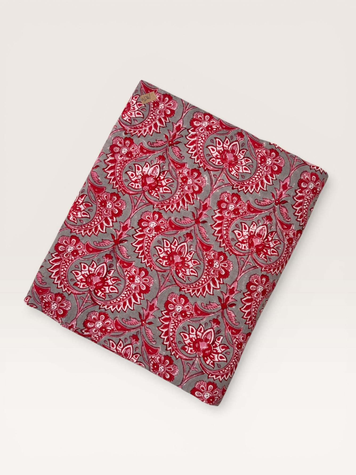 Red Floral Paisley Hand Block Print Cotton Fabric by Yard, Indian Running Fabric, Jaipur Block Print Textile for Dress,Quilting & DIY Sewing