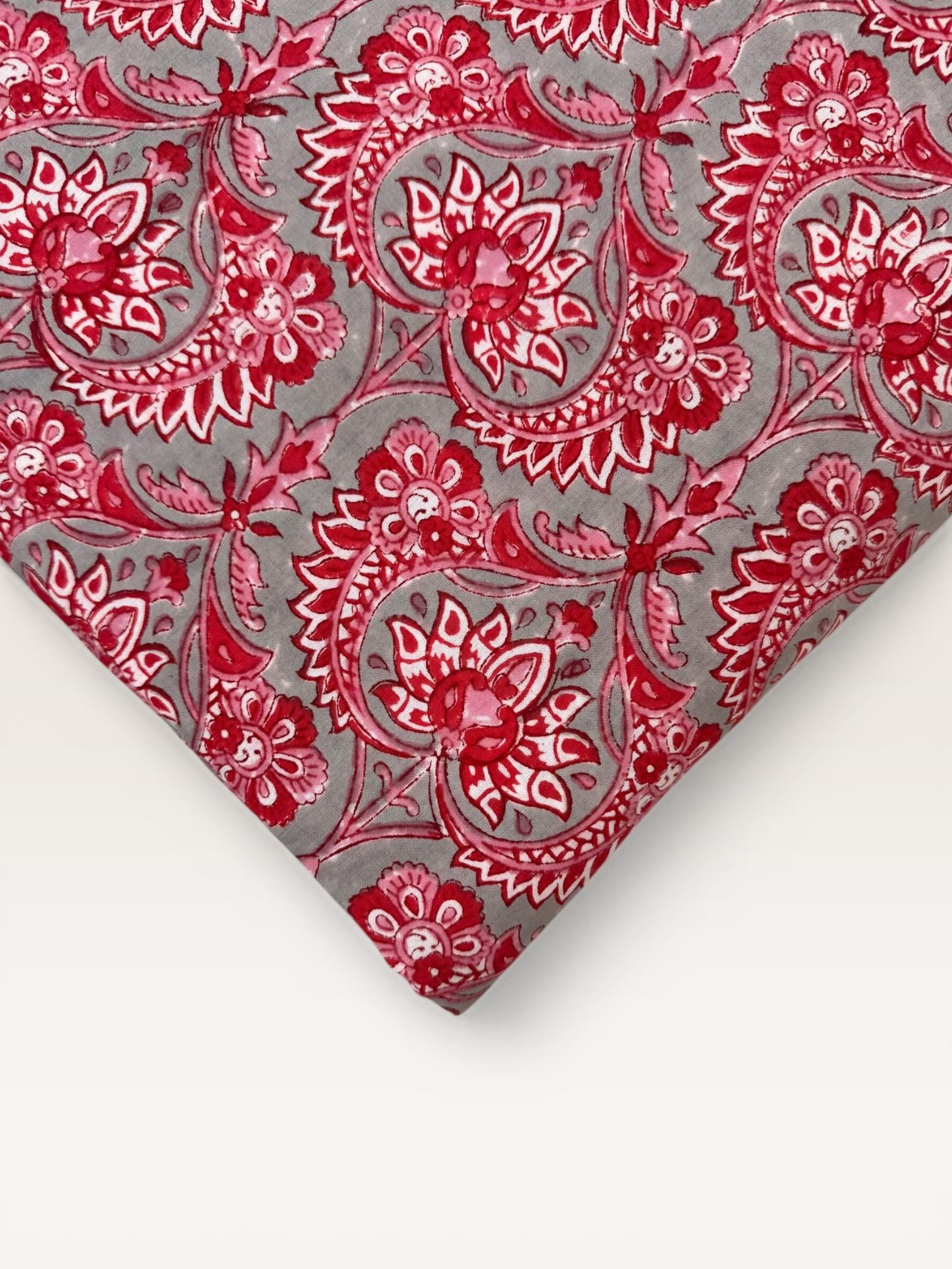 Red Floral Paisley Hand Block Print Cotton Fabric by Yard, Indian Running Fabric, Jaipur Block Print Textile for Dress,Quilting & DIY Sewing