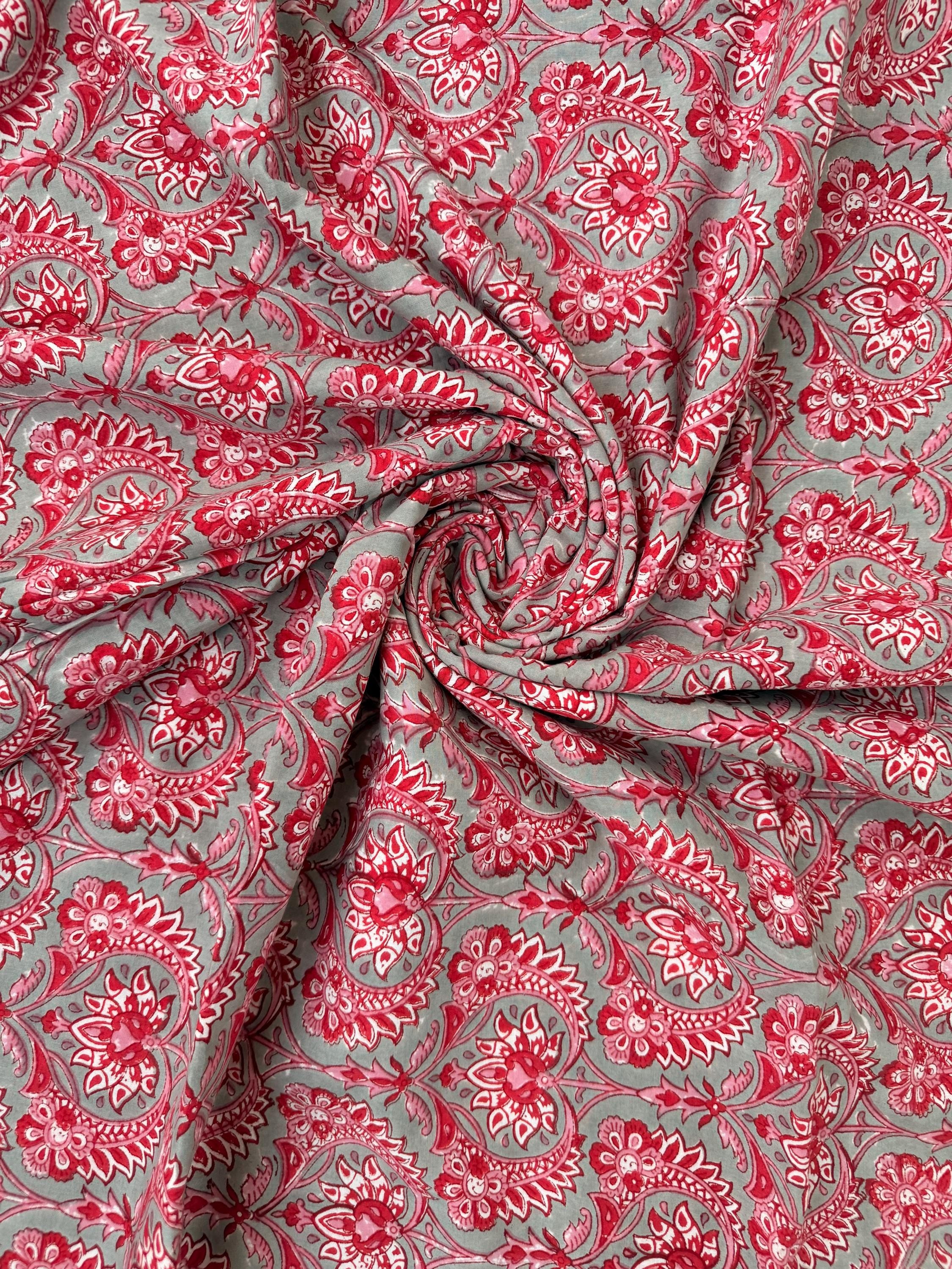 Red Floral Paisley Hand Block Print Cotton Fabric by Yard, Indian Running Fabric, Jaipur Block Print Textile for Dress,Quilting & DIY Sewing