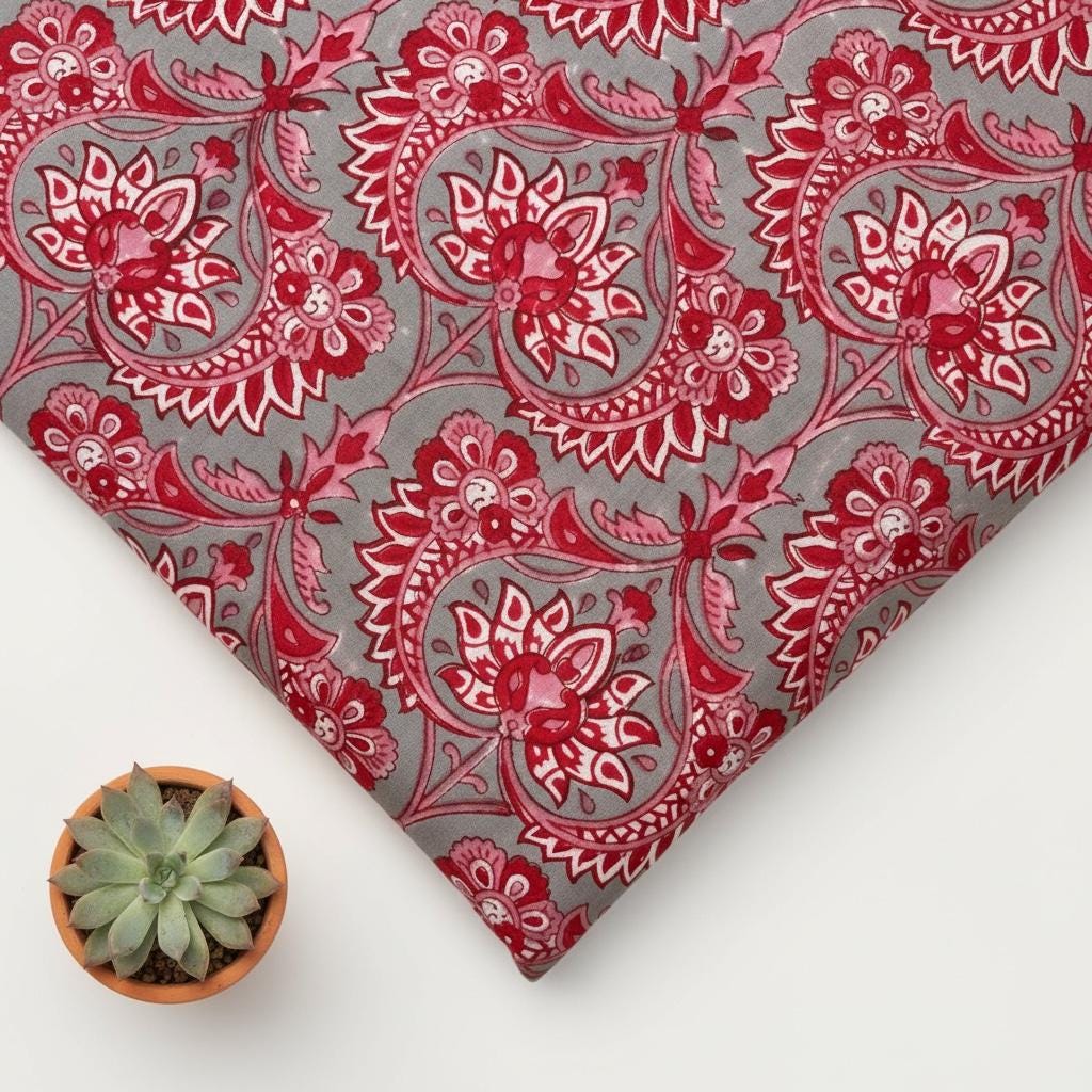 Red Floral Paisley Hand Block Print Cotton Fabric by Yard, Indian Running Fabric, Jaipur Block Print Textile for Dress,Quilting & DIY Sewing