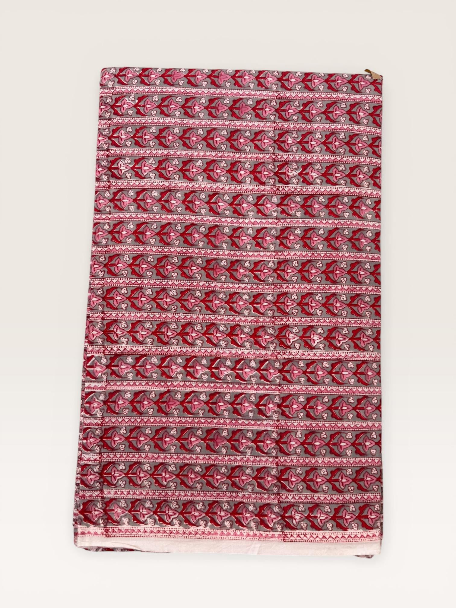 Red Floral Stripe Hand Block Print Cotton Fabric by Yard,Indian Running Fabric, Jaipur Block Print Textile for Dress, Quilting, & DIY Sewing