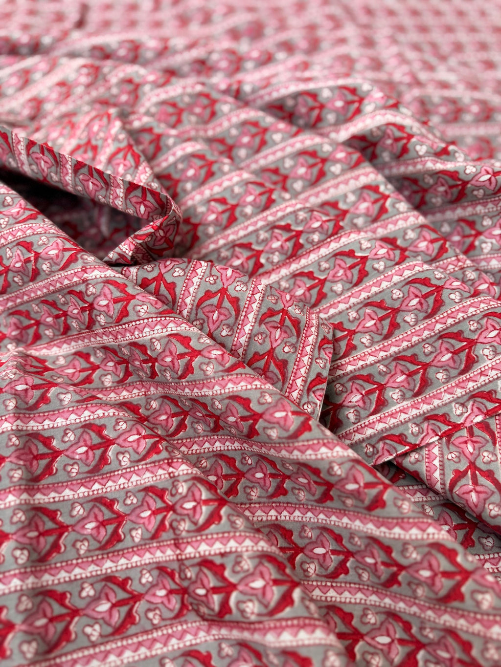 Red Floral Stripe Hand Block Print Cotton Fabric by Yard,Indian Running Fabric, Jaipur Block Print Textile for Dress, Quilting, & DIY Sewing