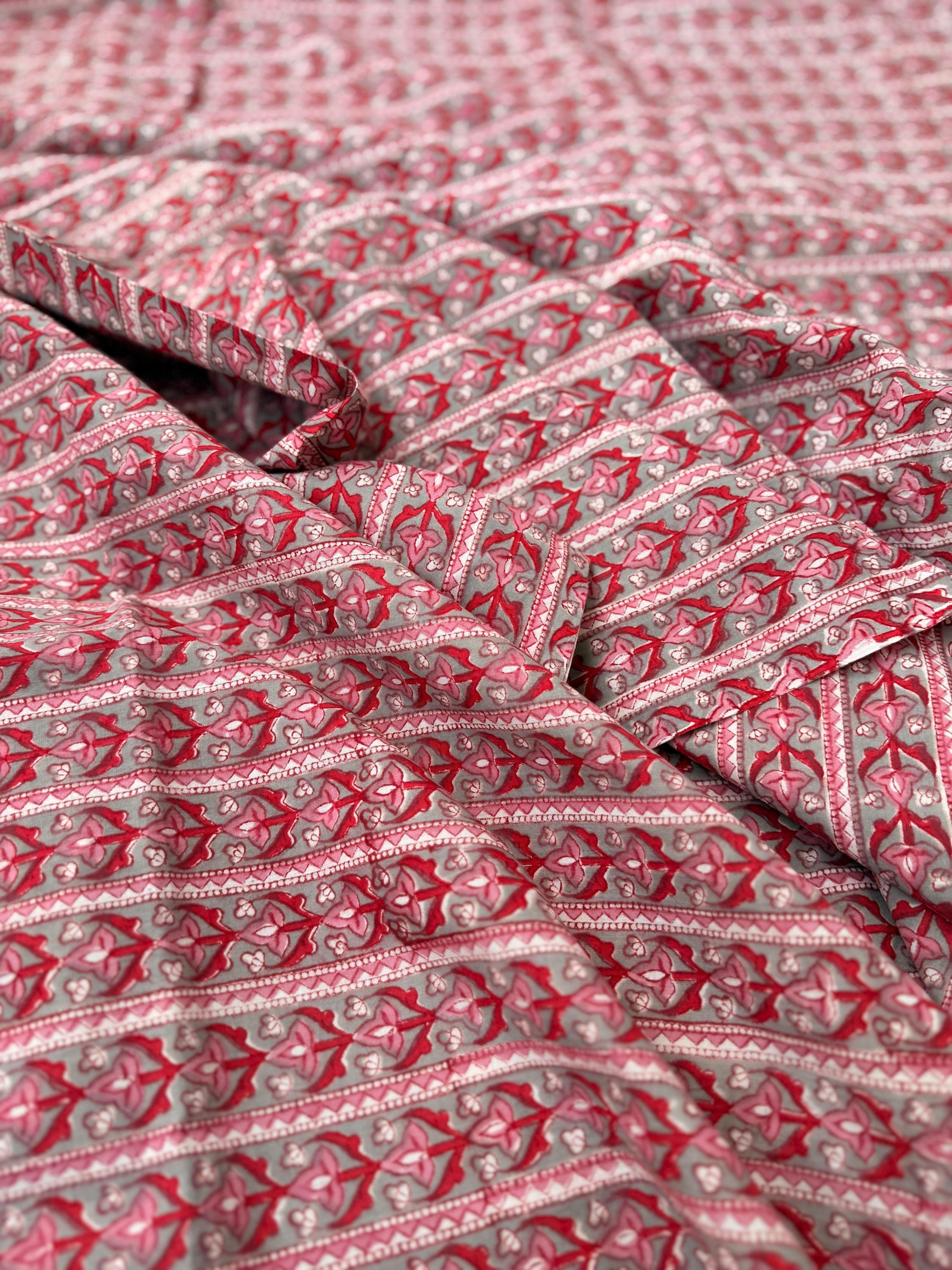 Red Floral Stripe Hand Block Print Cotton Fabric by Yard,Indian Running Fabric, Jaipur Block Print Textile for Dress, Quilting, & DIY Sewing