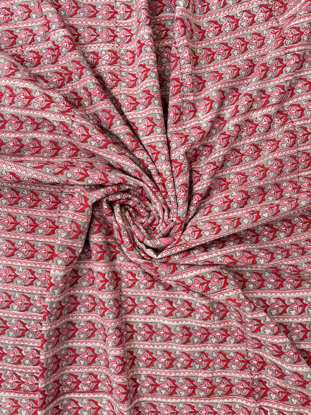 Red Floral Stripe Hand Block Print Cotton Fabric by Yard,Indian Running Fabric, Jaipur Block Print Textile for Dress, Quilting, & DIY Sewing