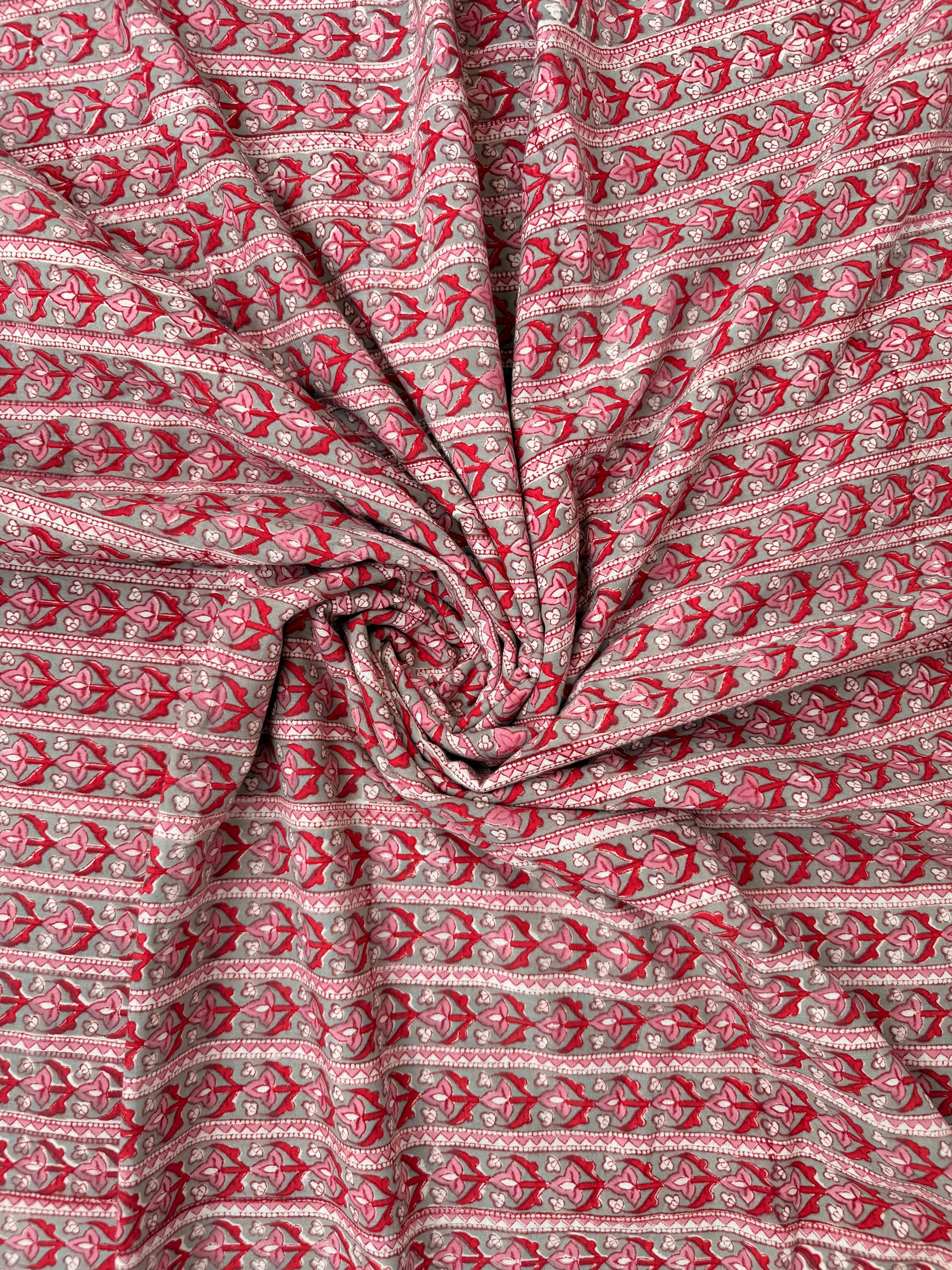 Red Floral Stripe Hand Block Print Cotton Fabric by Yard,Indian Running Fabric, Jaipur Block Print Textile for Dress, Quilting, & DIY Sewing