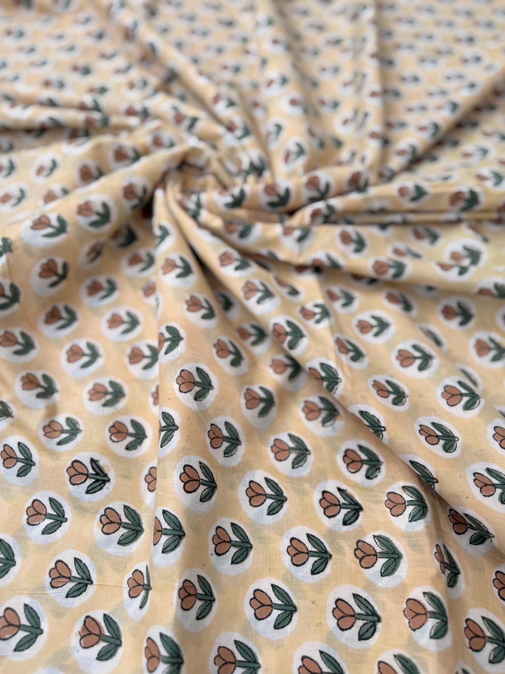 Yellow Floral Hand Block Print Cotton Fabric by Yard, Indian Running Fabric, Jaipur Block Print Textile for Dress, Quilting, Craft Sewing