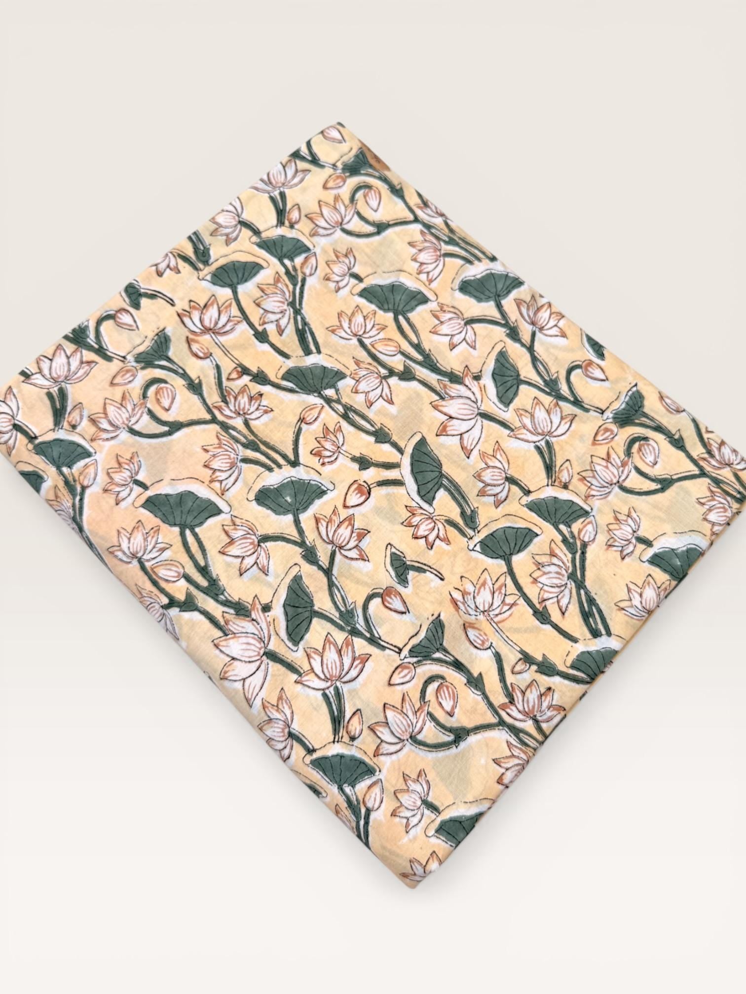 Yellow Floral Hand Block Print Cotton Fabric by Yard, Indian Running Fabric, Jaipur Block Print Textile for Dress, Quilting, Craft Sewing