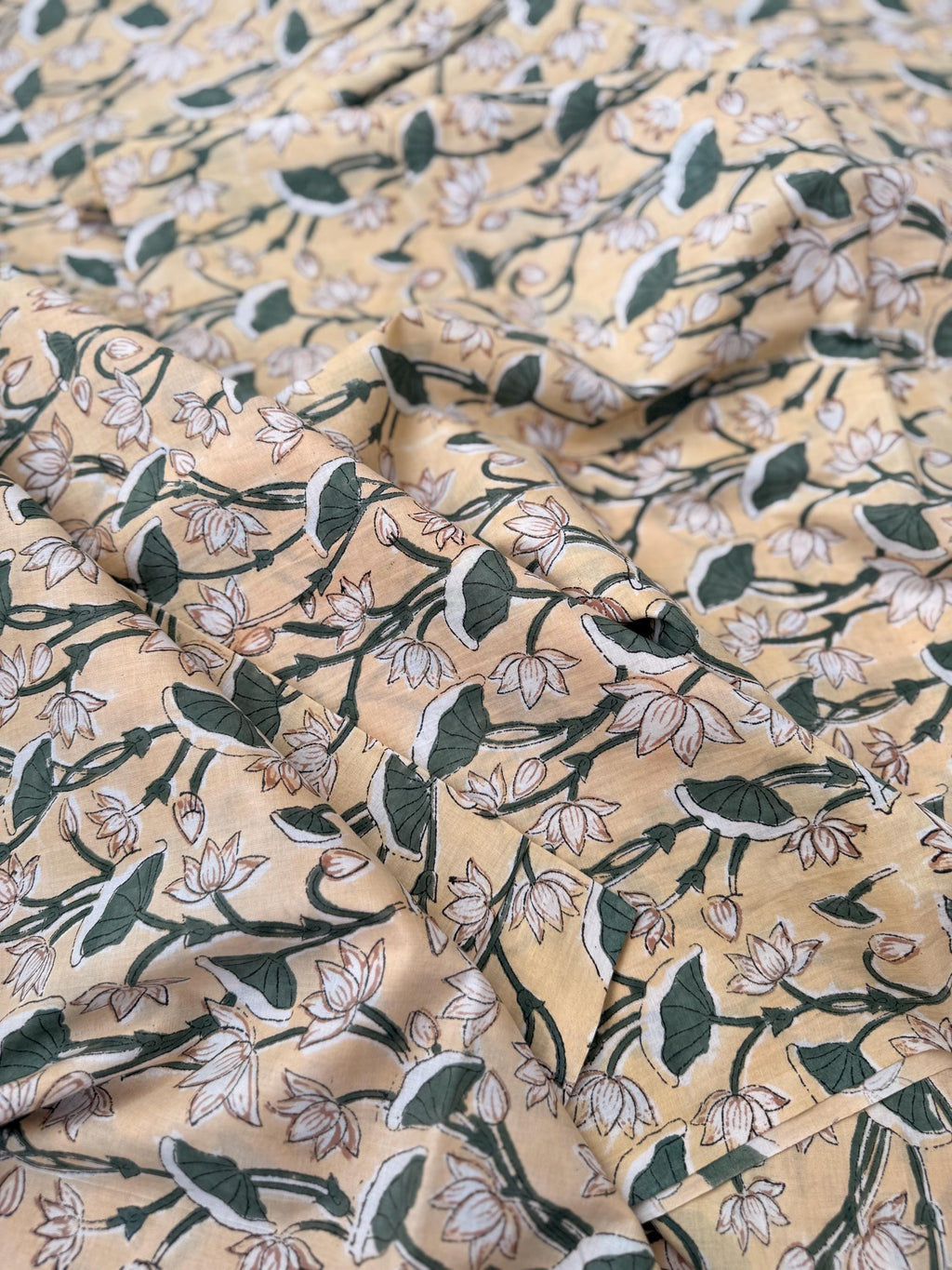 Yellow Floral Hand Block Print Cotton Fabric by Yard, Indian Running Fabric, Jaipur Block Print Textile for Dress, Quilting, Craft Sewing