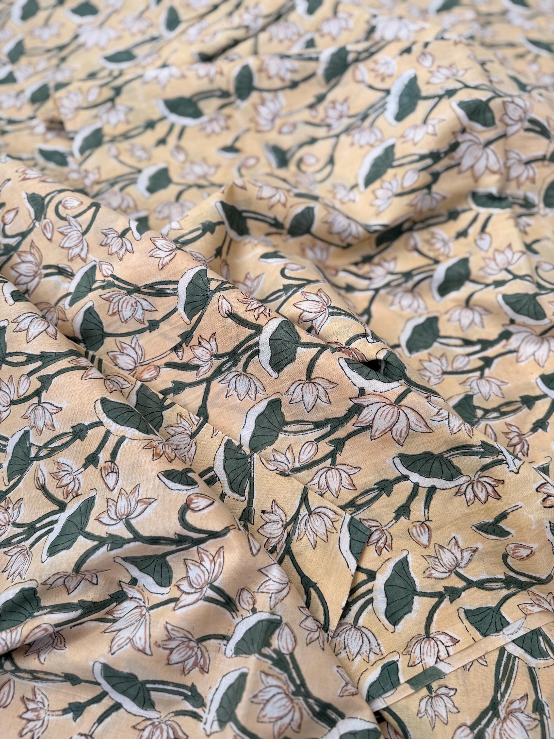 Yellow Floral Hand Block Print Cotton Fabric by Yard, Indian Running Fabric, Jaipur Block Print Textile for Dress, Quilting, Craft Sewing
