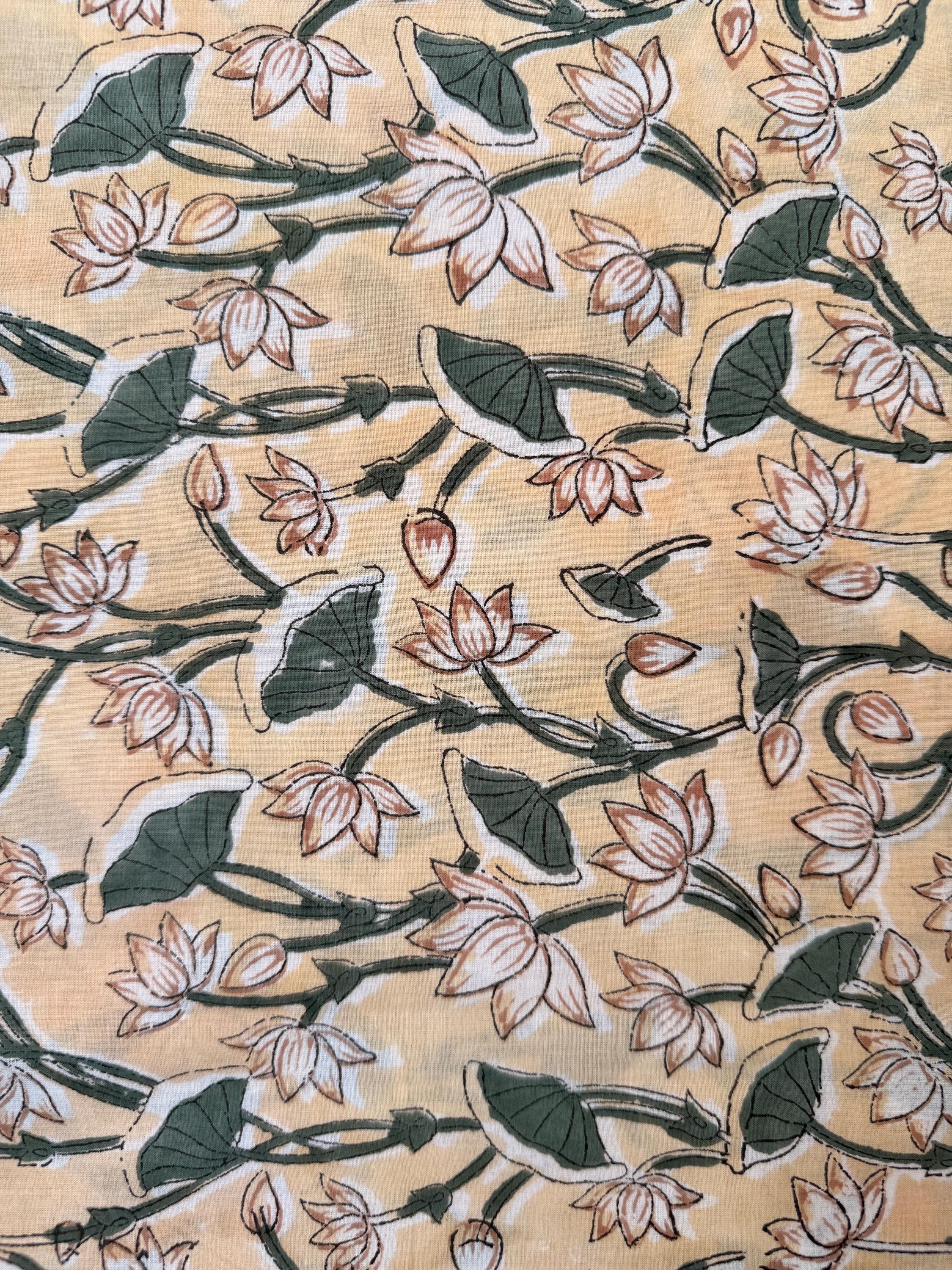 Yellow Floral Hand Block Print Cotton Fabric by Yard, Indian Running Fabric, Jaipur Block Print Textile for Dress, Quilting, Craft Sewing