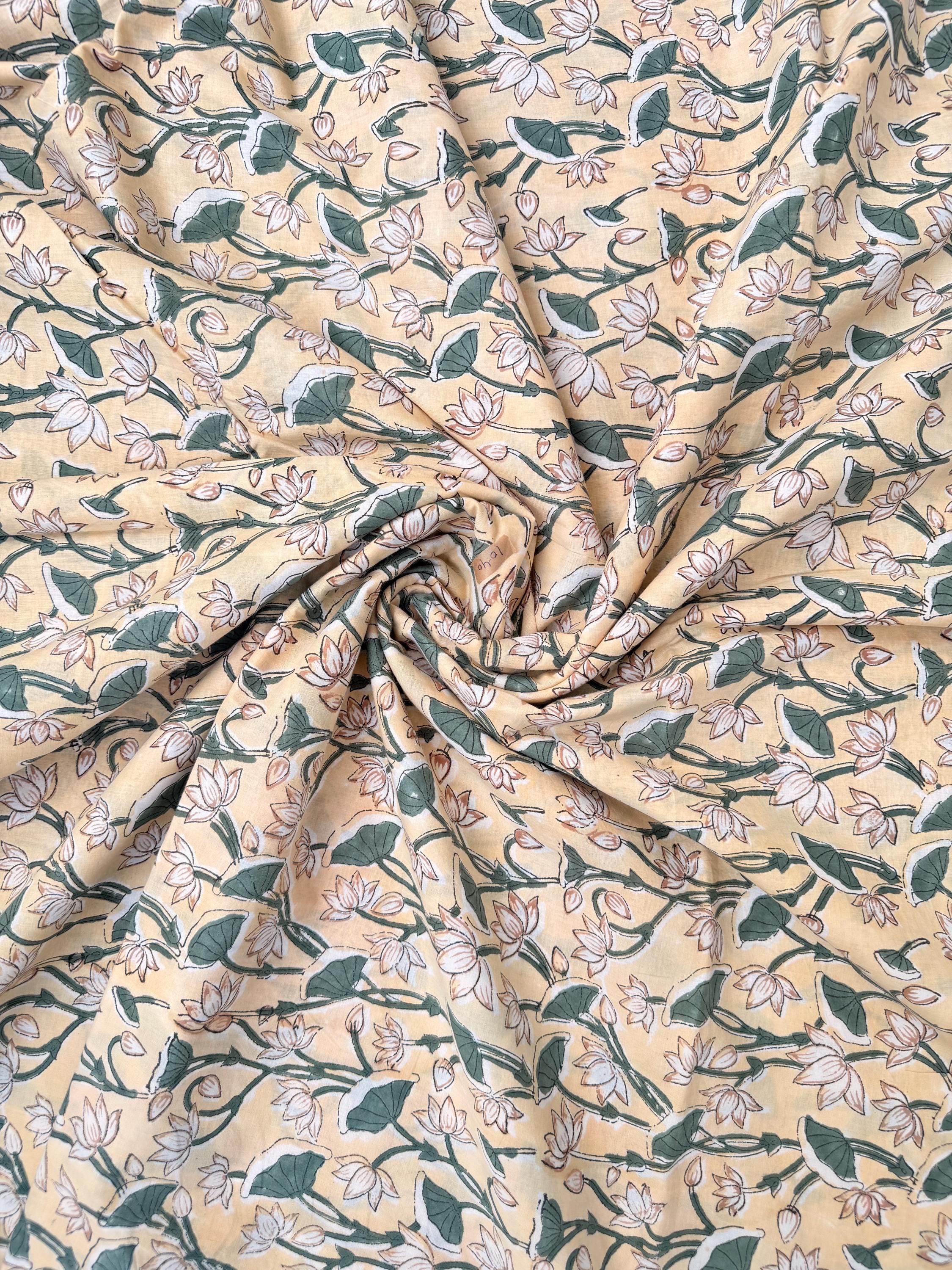 Yellow Floral Hand Block Print Cotton Fabric by Yard, Indian Running Fabric, Jaipur Block Print Textile for Dress, Quilting, Craft Sewing