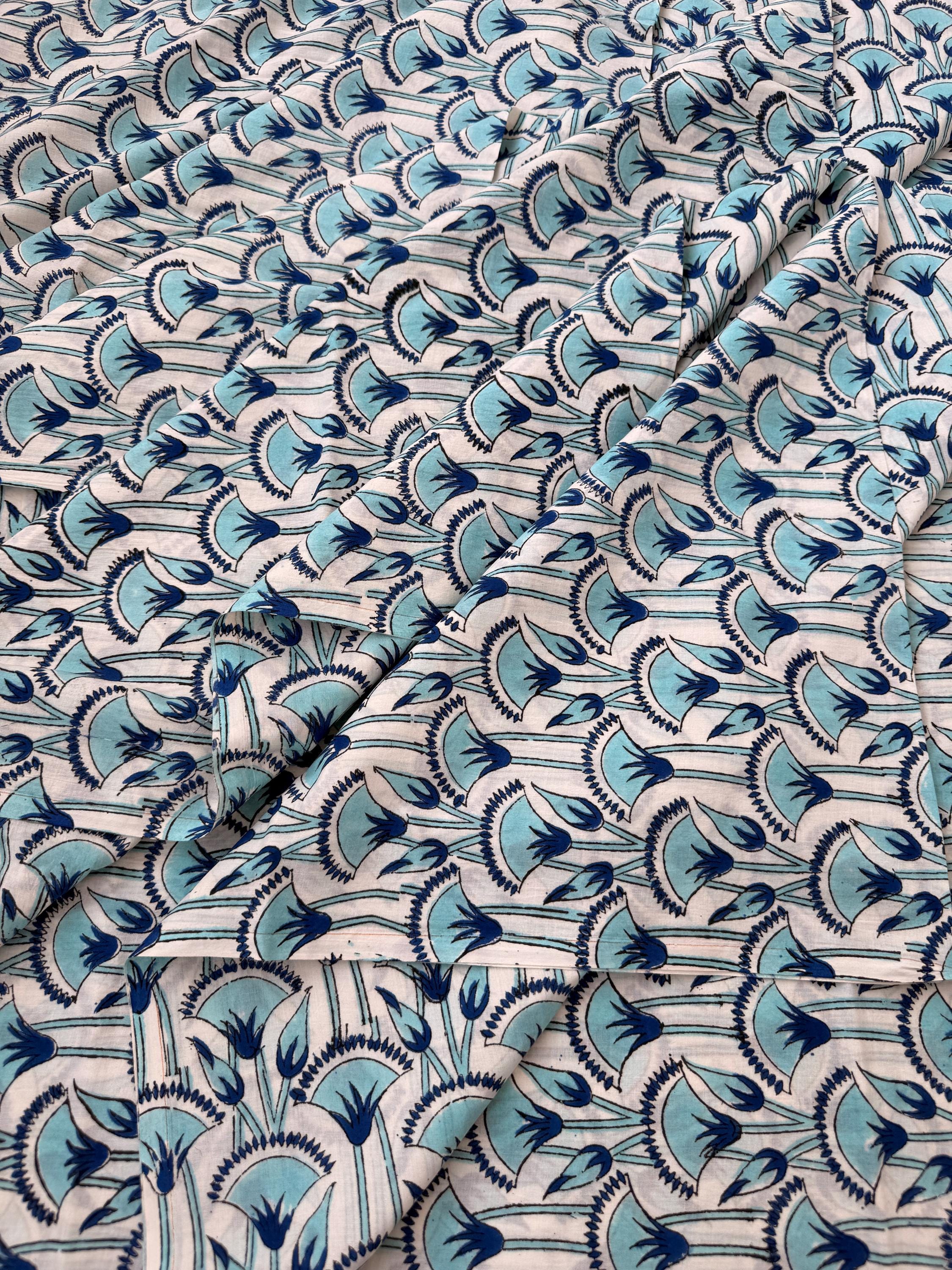 Blue Floral Hand Block Print Cotton Fabric by Yard, Indian Blockprint Fabric, Natural Dye Soft Cotton Fabric for Dresses, Quilting & Sewing