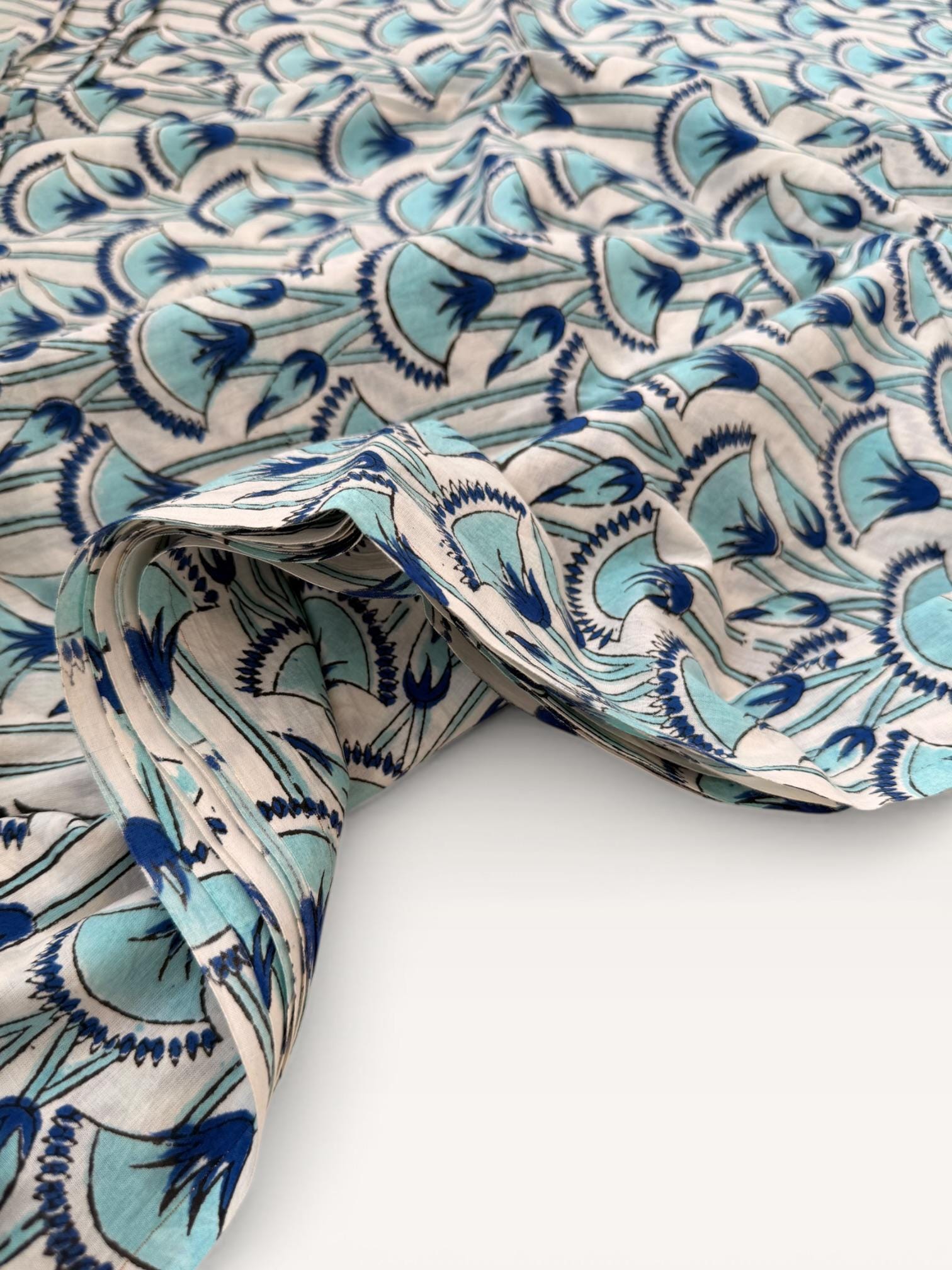 Blue Floral Hand Block Print Cotton Fabric by Yard, Indian Blockprint Fabric, Natural Dye Soft Cotton Fabric for Dresses, Quilting & Sewing