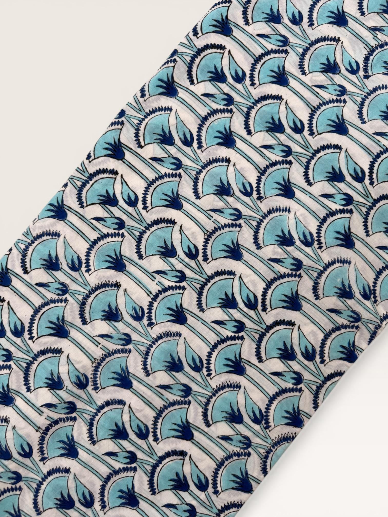 Blue Floral Hand Block Print Cotton Fabric by Yard, Indian Blockprint Fabric, Natural Dye Soft Cotton Fabric for Dresses, Quilting & Sewing