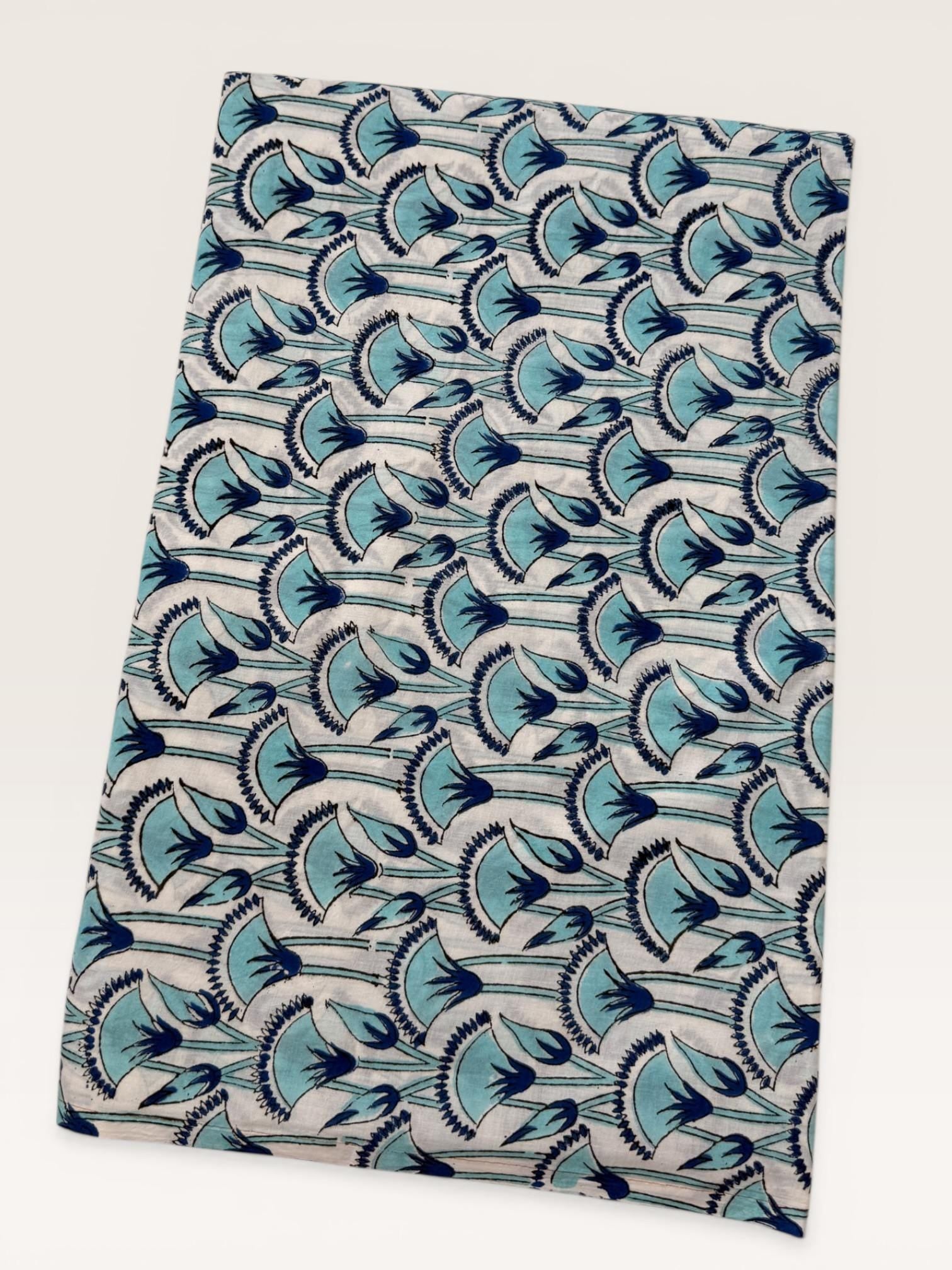 Blue Floral Hand Block Print Cotton Fabric by Yard, Indian Blockprint Fabric, Natural Dye Soft Cotton Fabric for Dresses, Quilting & Sewing