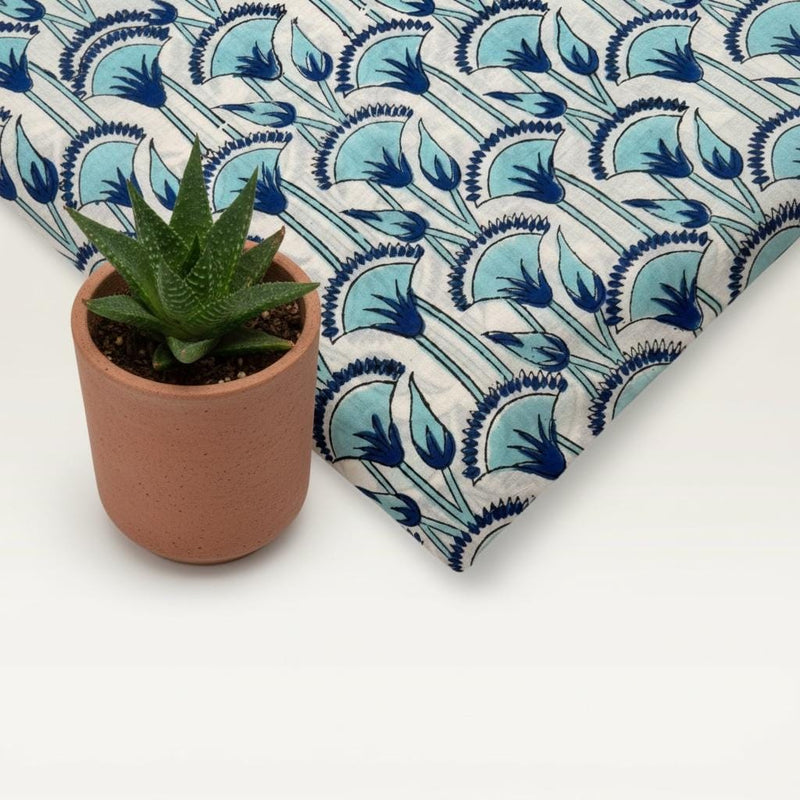 Blue Floral Hand Block Print Cotton Fabric by Yard, Indian Blockprint Fabric, Natural Dye Soft Cotton Fabric for Dresses, Quilting & Sewing