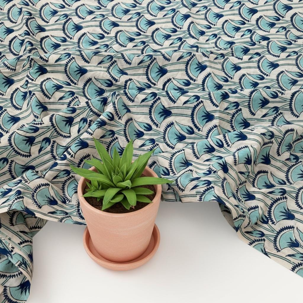Blue Floral Hand Block Print Cotton Fabric by Yard, Indian Blockprint Fabric, Natural Dye Soft Cotton Fabric for Dresses, Quilting & Sewing