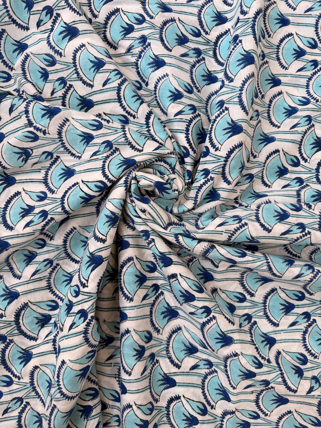 Blue Floral Hand Block Print Cotton Fabric by Yard, Indian Blockprint Fabric, Natural Dye Soft Cotton Fabric for Dresses, Quilting & Sewing