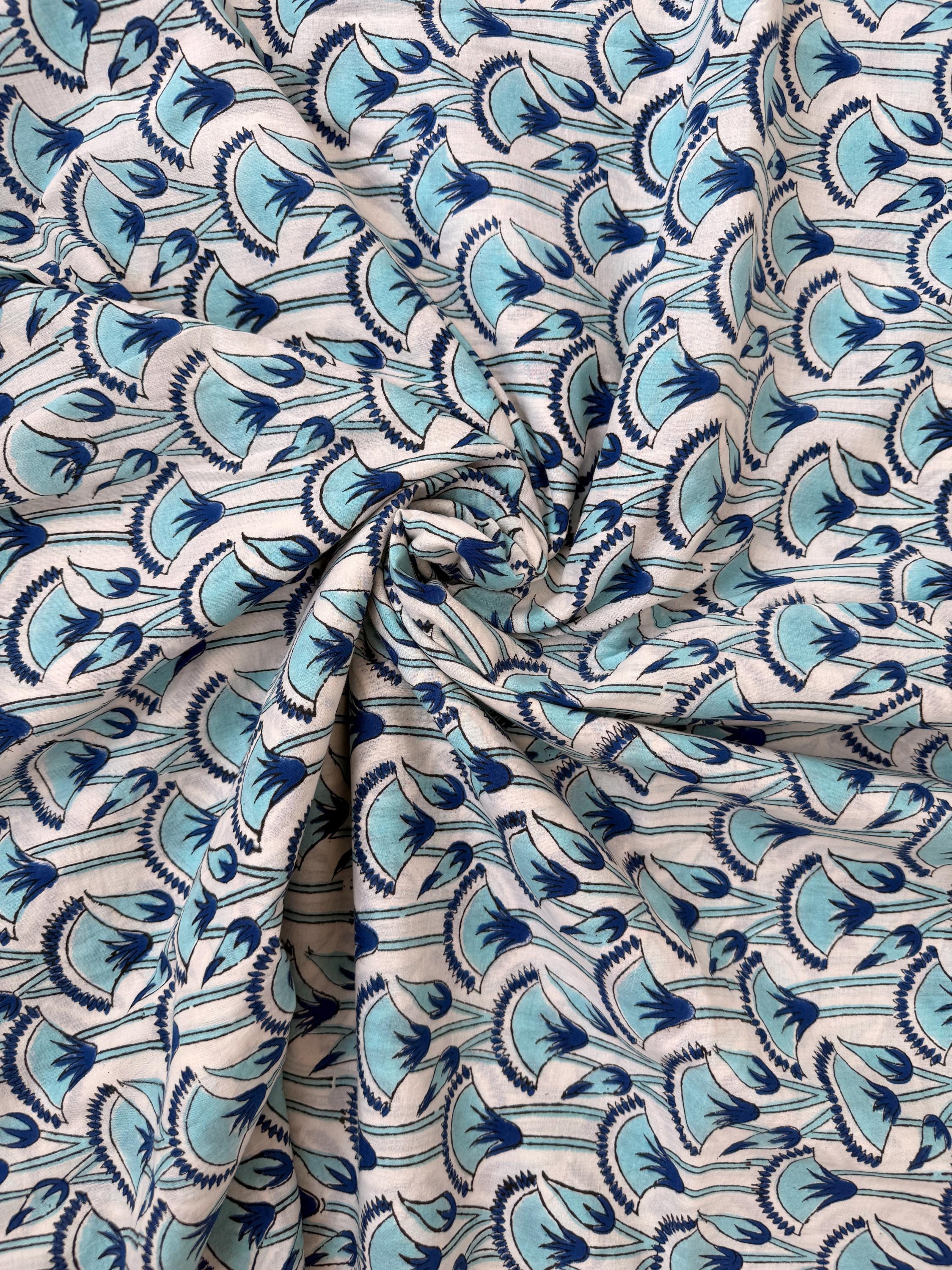 Blue Floral Hand Block Print Cotton Fabric by Yard, Indian Blockprint Fabric, Natural Dye Soft Cotton Fabric for Dresses, Quilting & Sewing