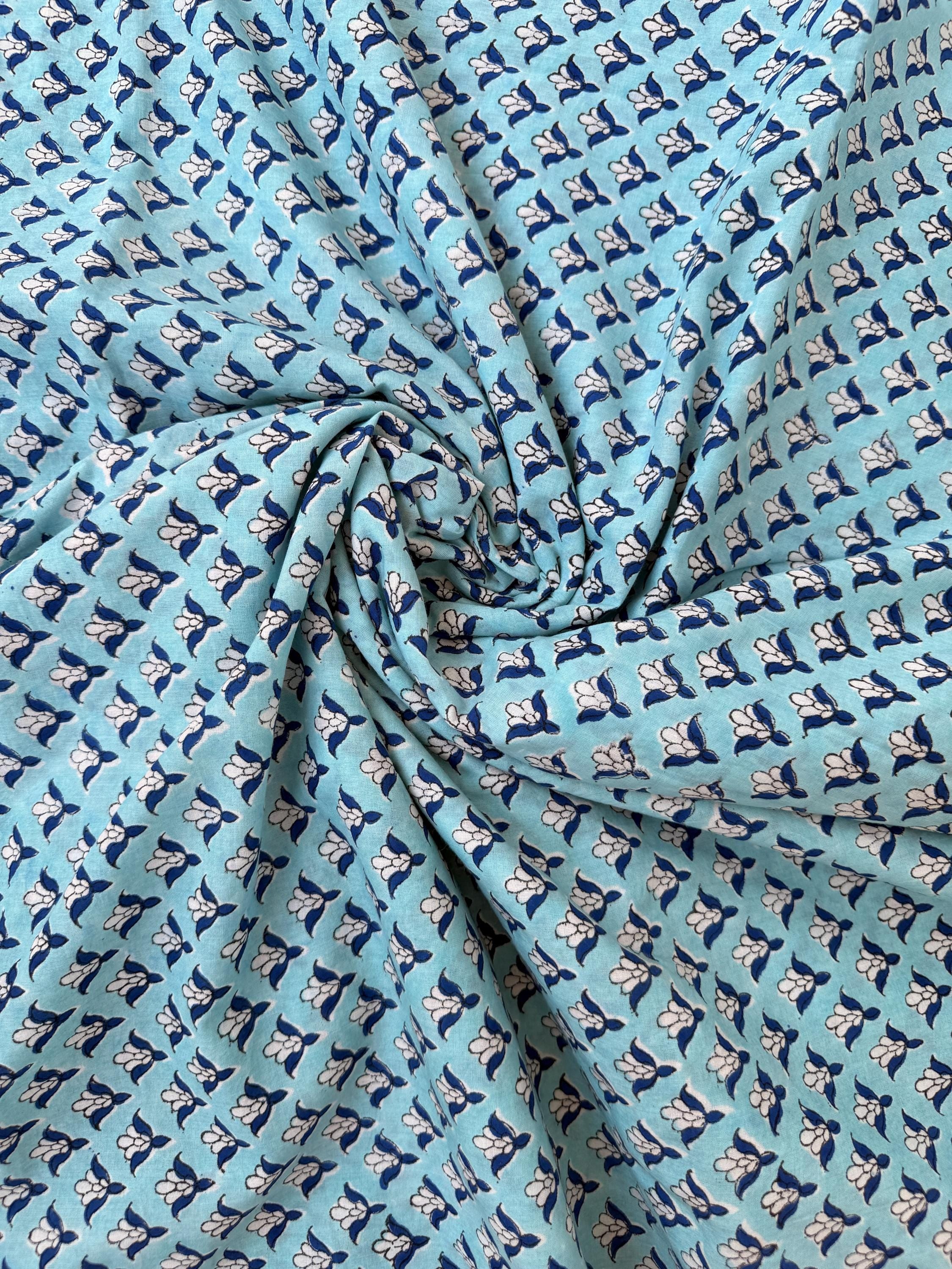 Blue Floral Hand Block Print Cotton Fabric by Yard, Indian Blockprint Fabric, Soft Cotton Sewing Fabric, Quilting Fabric, Craft Fabric,